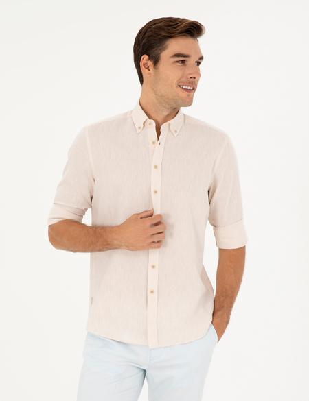 Bej Keten Karışımlı Regular Fit Uzun Kollu Gömlek - 50284168105