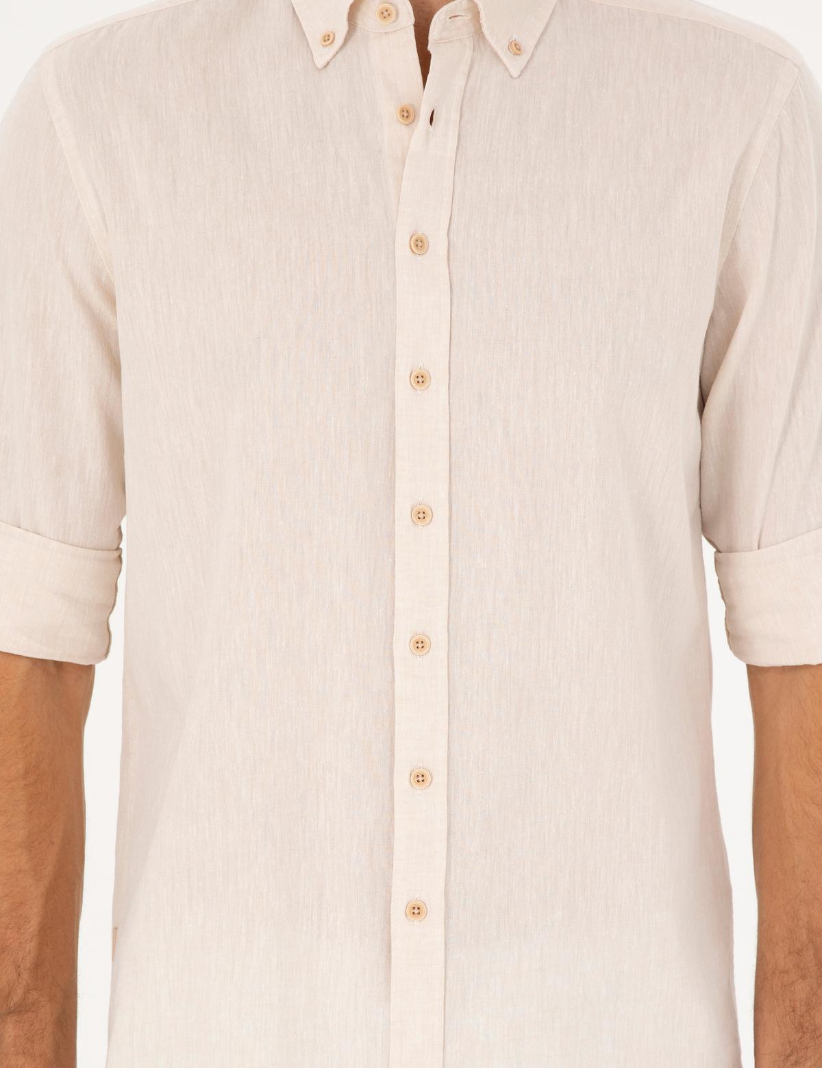 Bej Keten Karışımlı Regular Fit Uzun Kollu Gömlek - 50284168105