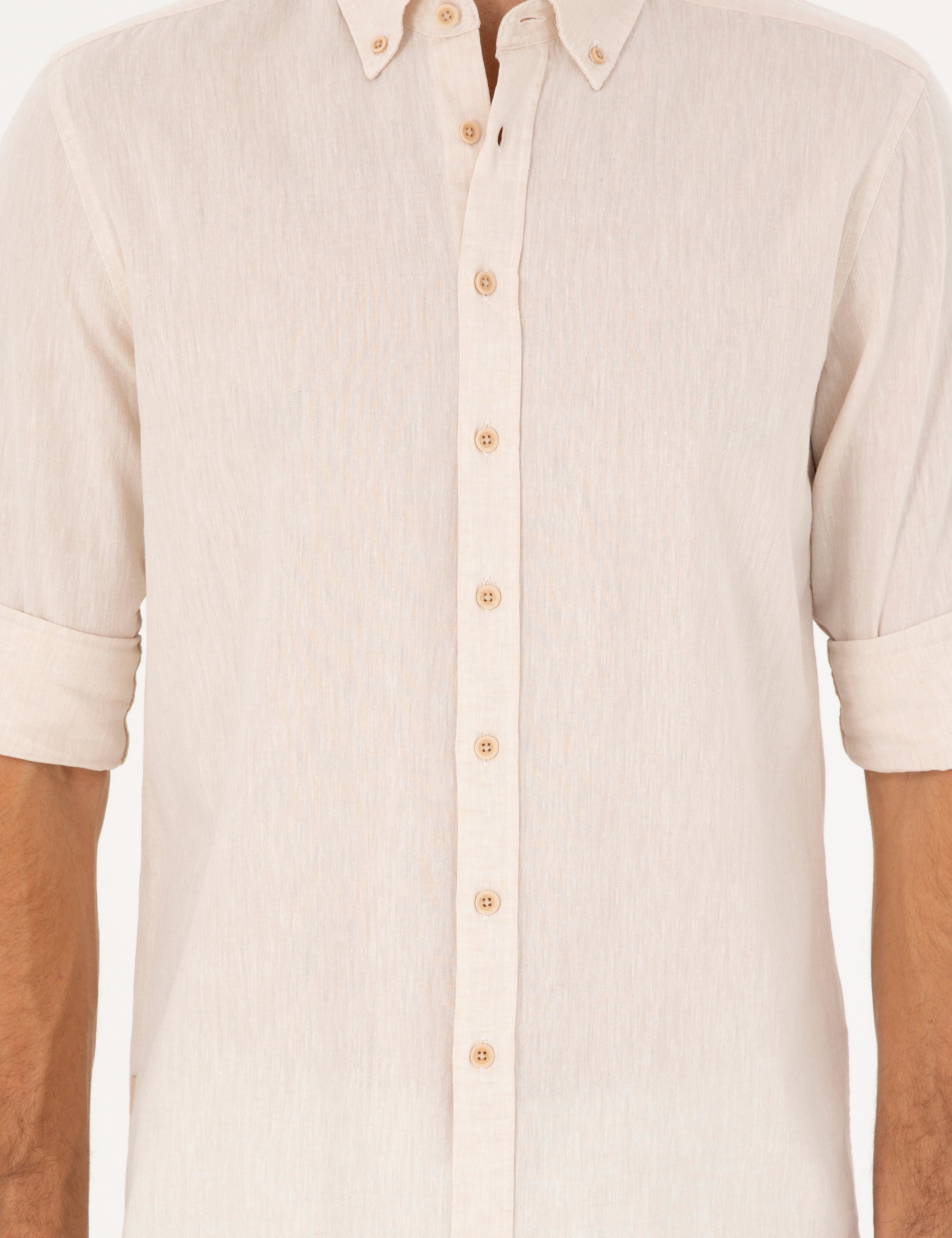 Bej Keten Karışımlı Regular Fit Uzun Kollu Gömlek - Image 6