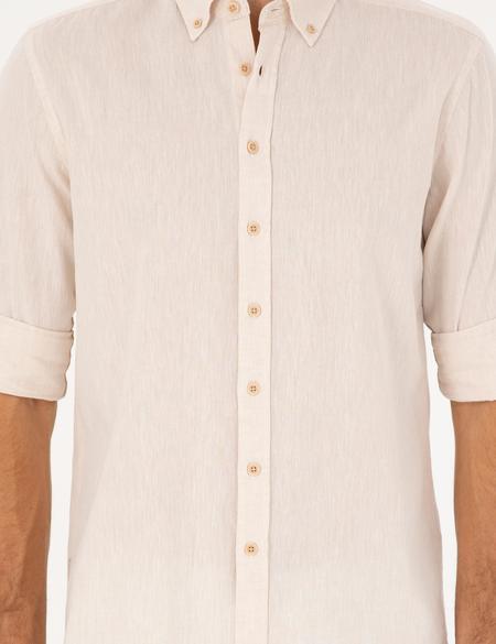 Bej Keten Karışımlı Regular Fit Uzun Kollu Gömlek - 50284168105