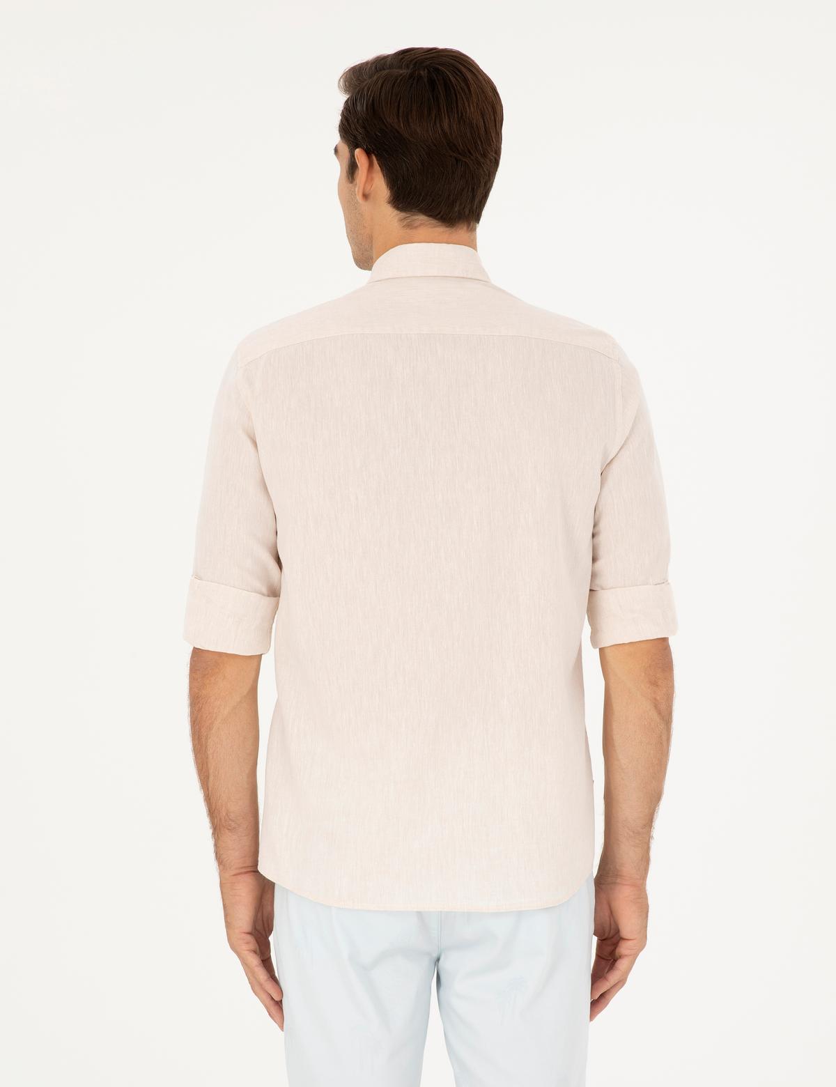 Bej Keten Karışımlı Regular Fit Uzun Kollu Gömlek - 50284168105