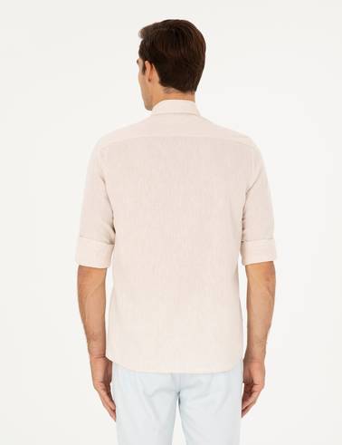 Bej Keten Karışımlı Regular Fit Uzun Kollu Gömlek