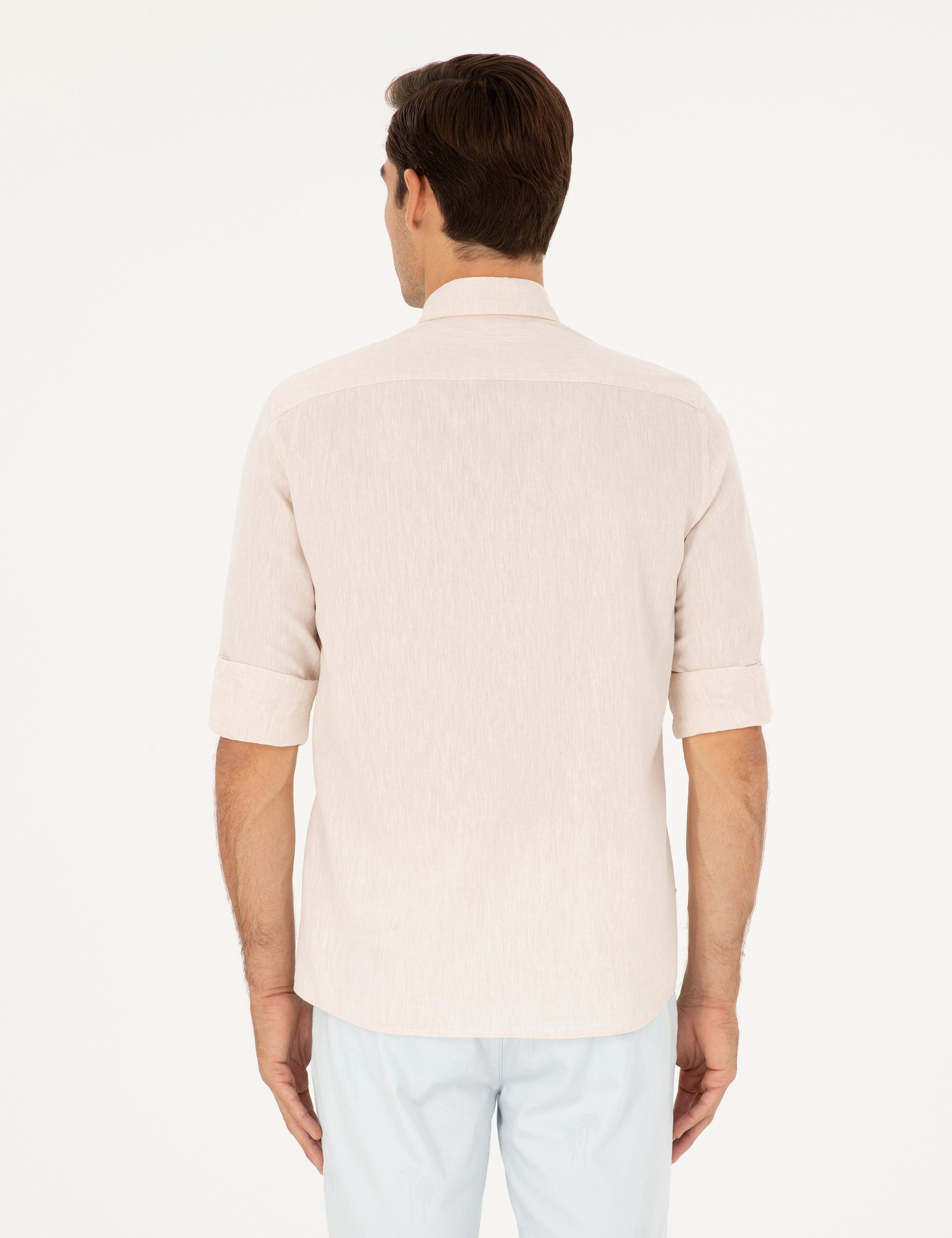 Bej Keten Karışımlı Regular Fit Uzun Kollu Gömlek