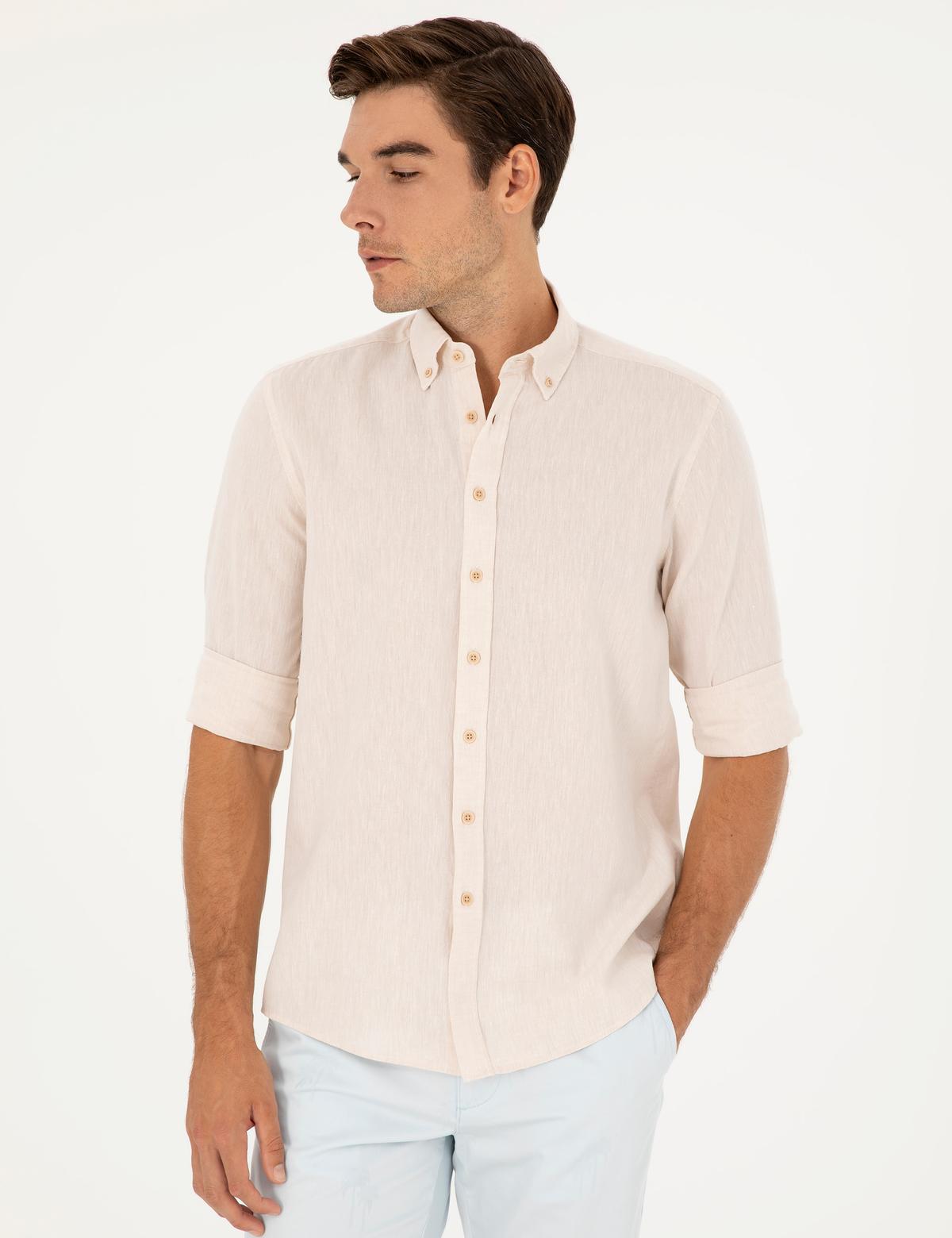 Bej Keten Karışımlı Regular Fit Uzun Kollu Gömlek - 50284168105