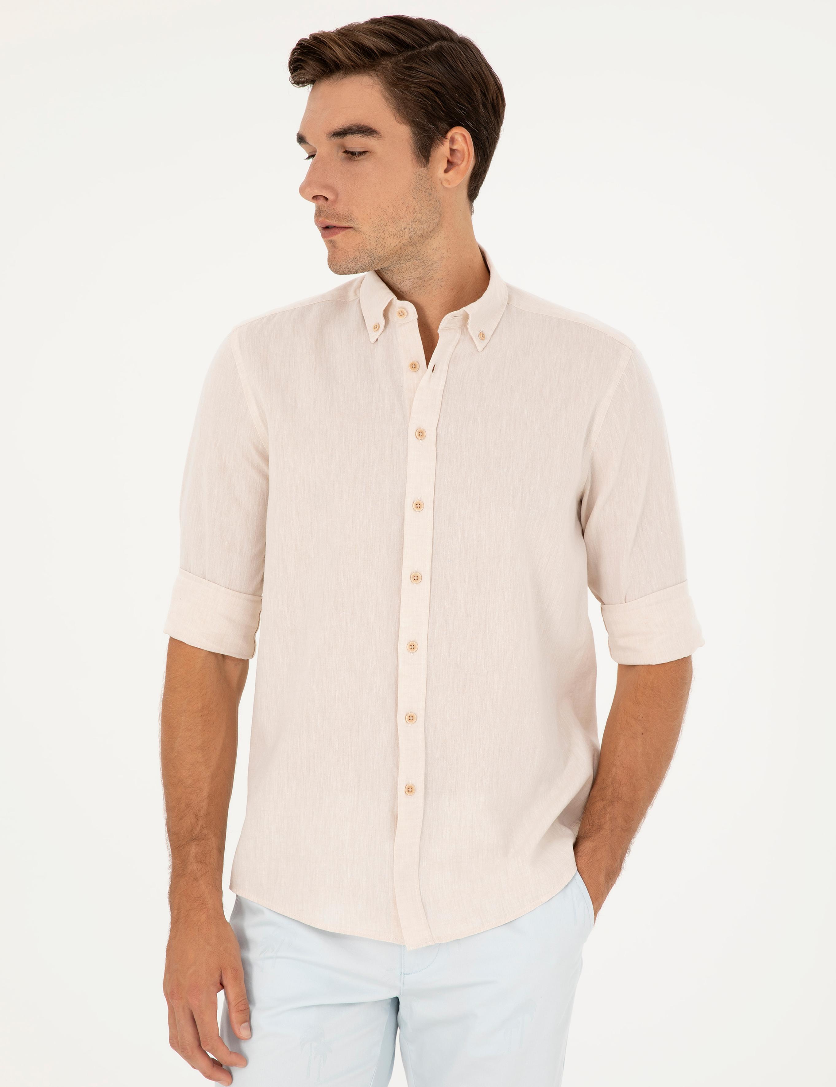 Bej Keten Karışımlı Regular Fit Uzun Kollu Gömlek