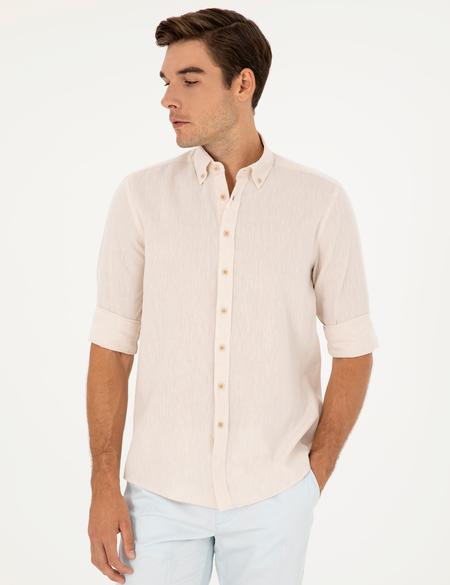 Bej Keten Karışımlı Regular Fit Uzun Kollu Gömlek - 50284168105