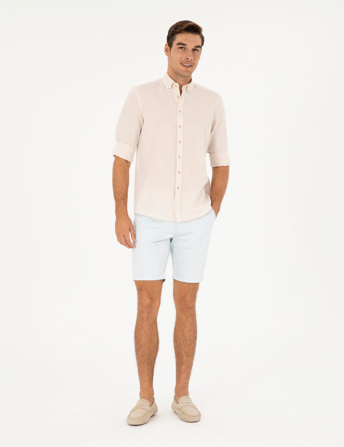 Bej Keten Karışımlı Regular Fit Uzun Kollu Gömlek - 50284168105