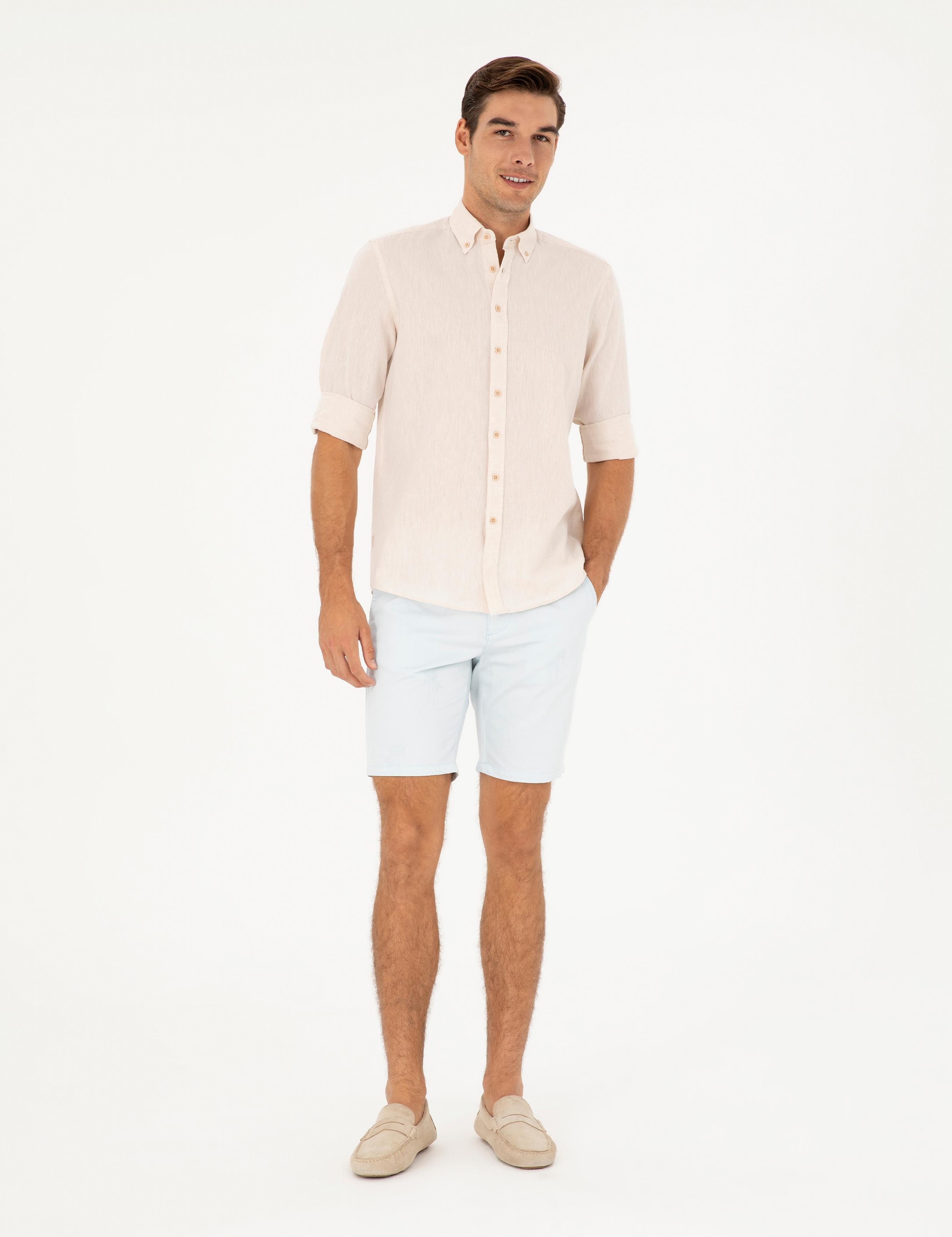 Bej Keten Karışımlı Regular Fit Uzun Kollu Gömlek