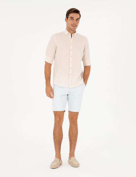 Bej Keten Karışımlı Regular Fit Uzun Kollu Gömlek - 50284168105