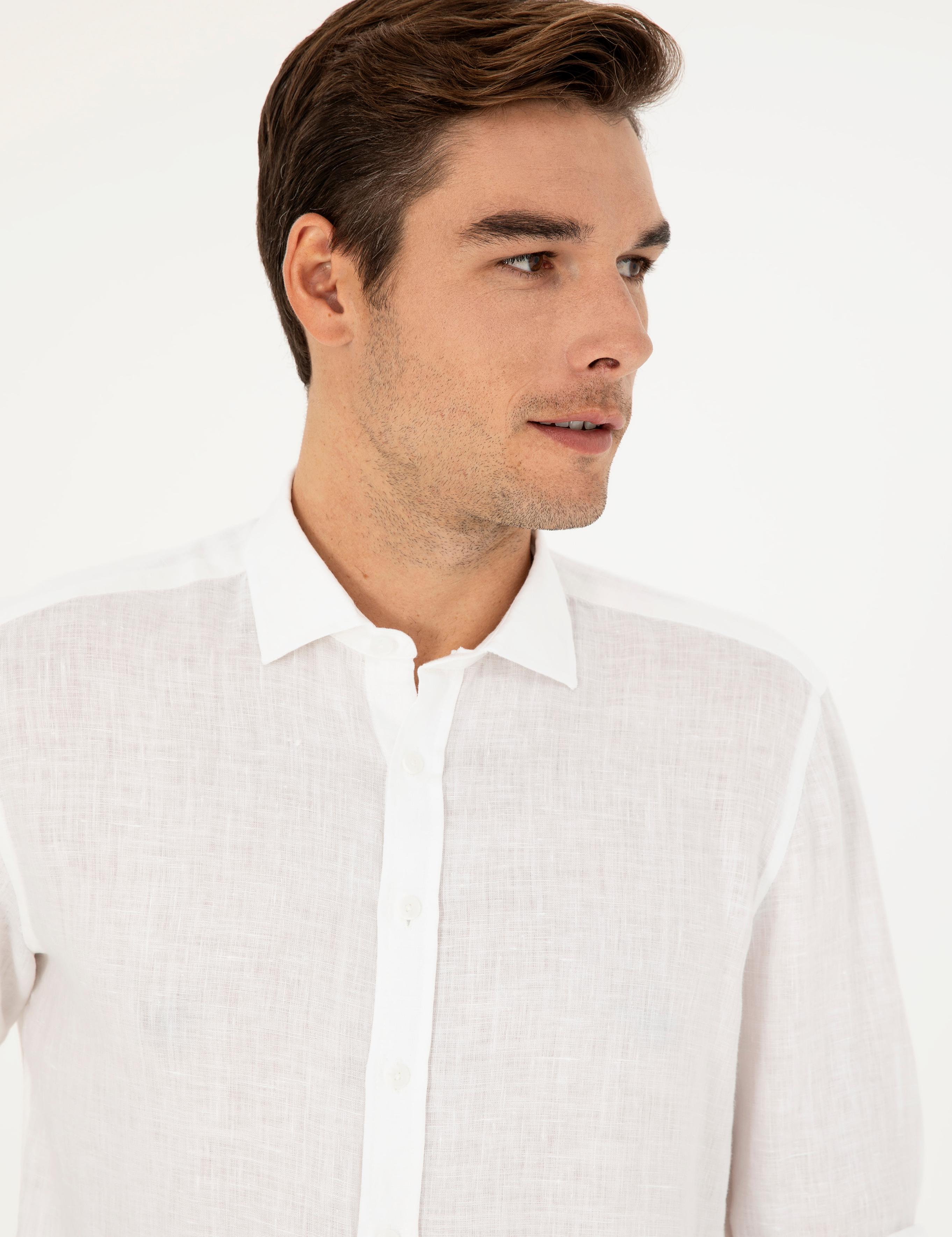 Beyaz Keten Regular Fit Gömlek