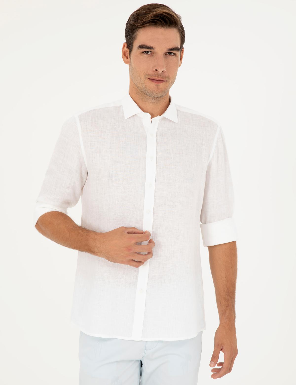 Beyaz Keten Regular Fit Gömlek - 50284915003