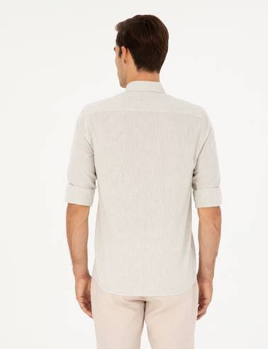 Yeşil Keten Karışımlı Regular Fit Uzun Kollu Gömlek