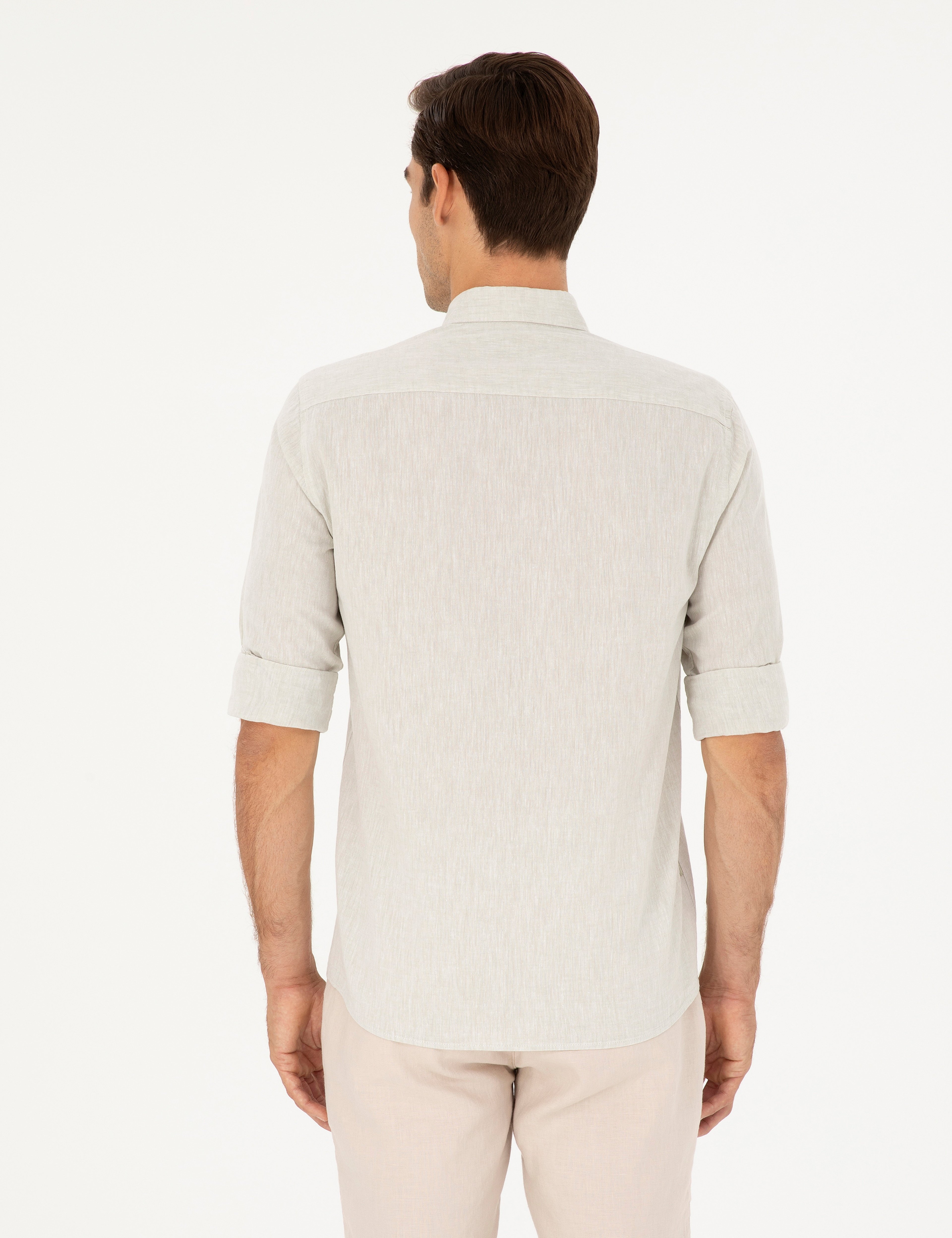 Yeşil Keten Karışımlı Regular Fit Uzun Kollu Gömlek - Image 5