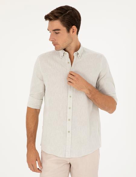 Yeşil Keten Karışımlı Regular Fit Uzun Kollu Gömlek - 50284168005