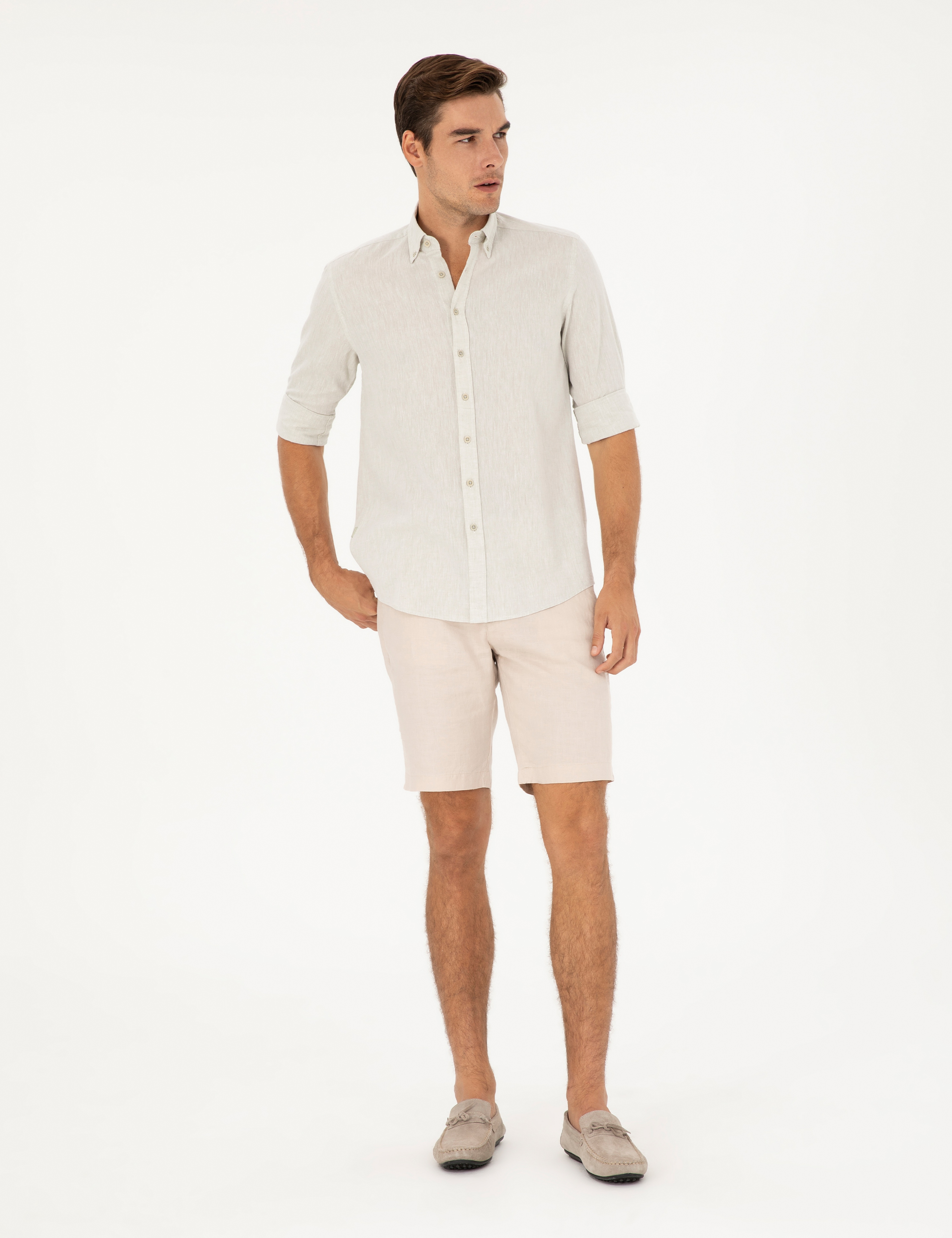 Yeşil Keten Karışımlı Regular Fit Uzun Kollu Gömlek - Image 4