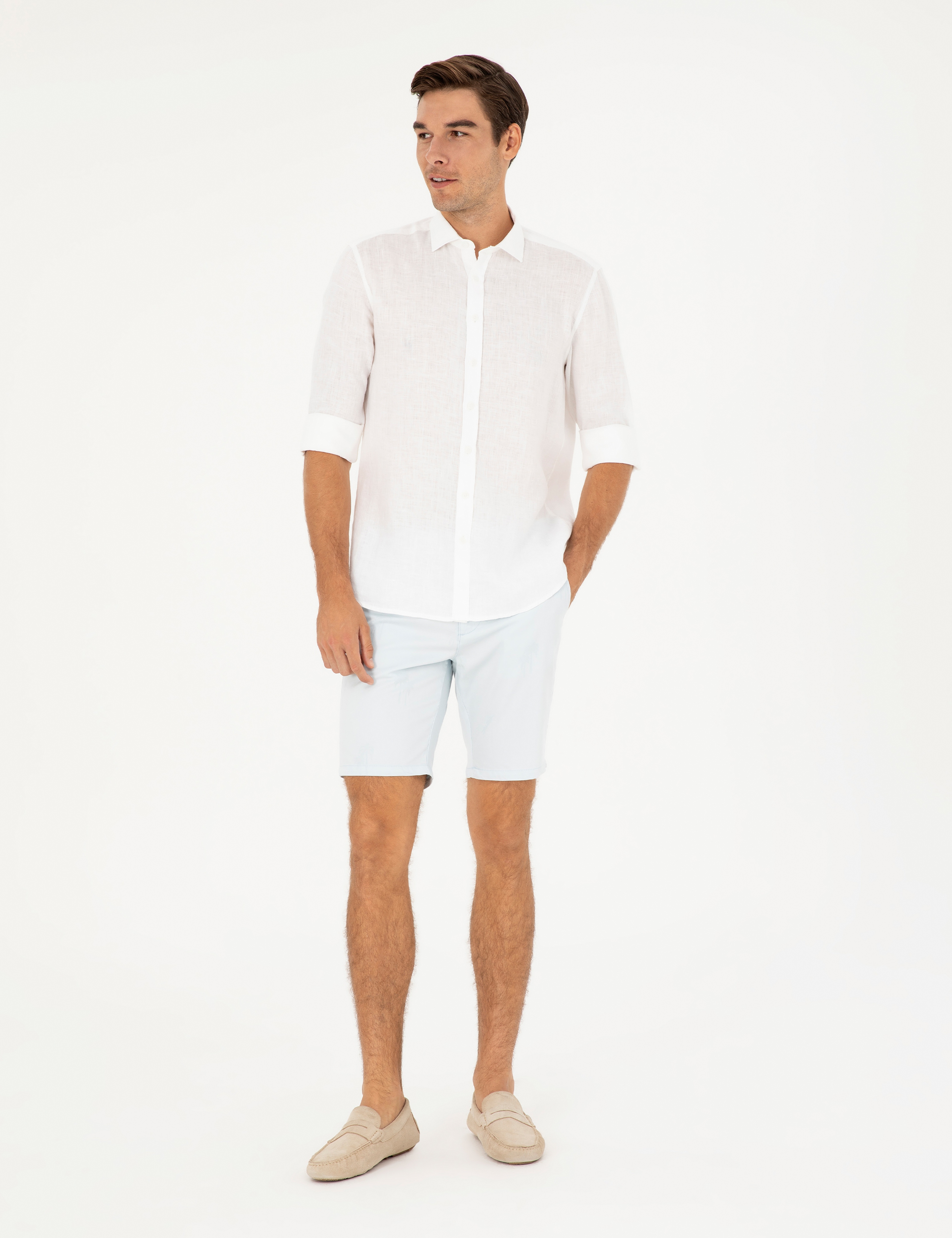Mavi Slim Fit Dokuma Şort - Image 1