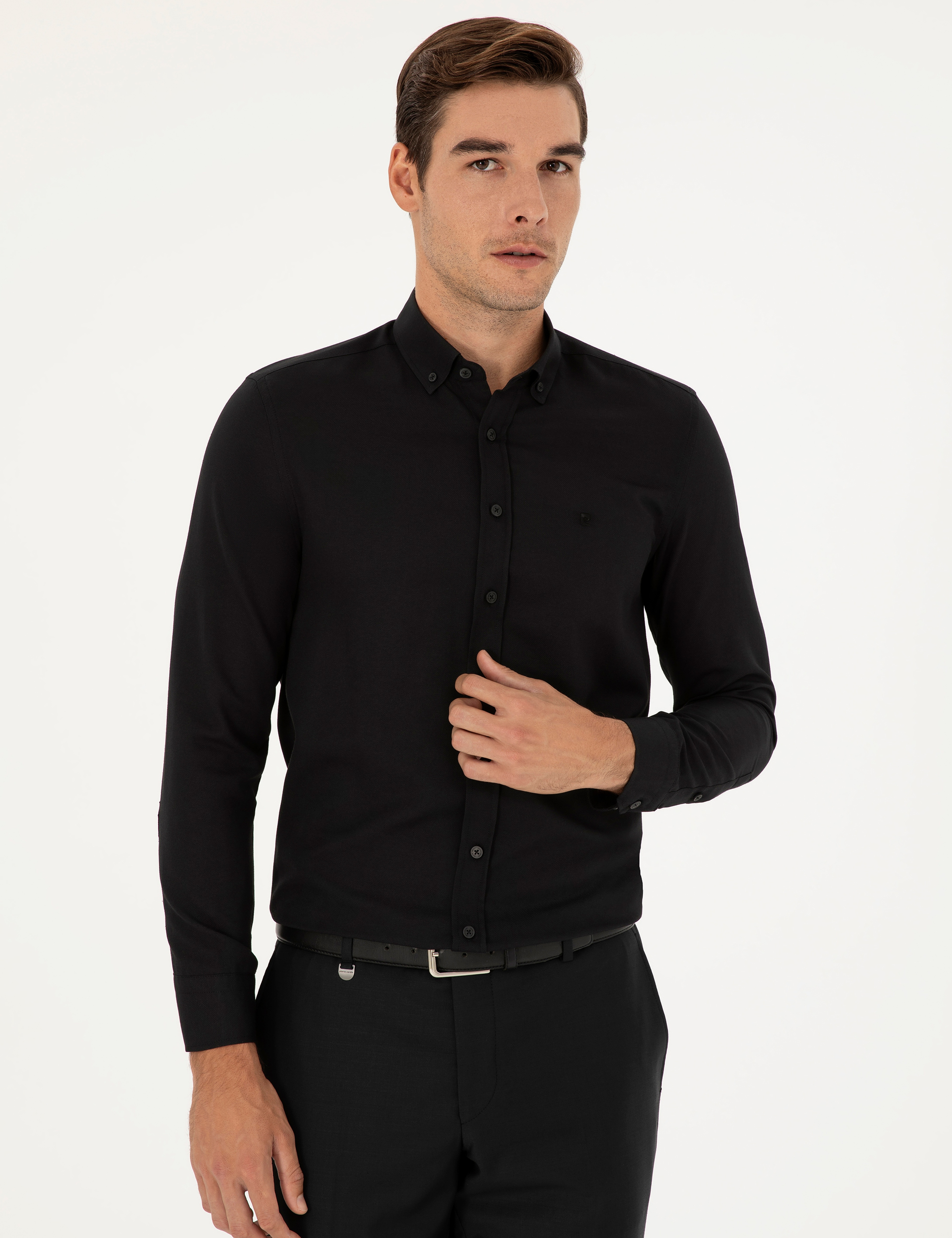 Siyah Oxford Slim Fit Uzun Kollu Gömlek - Image 3