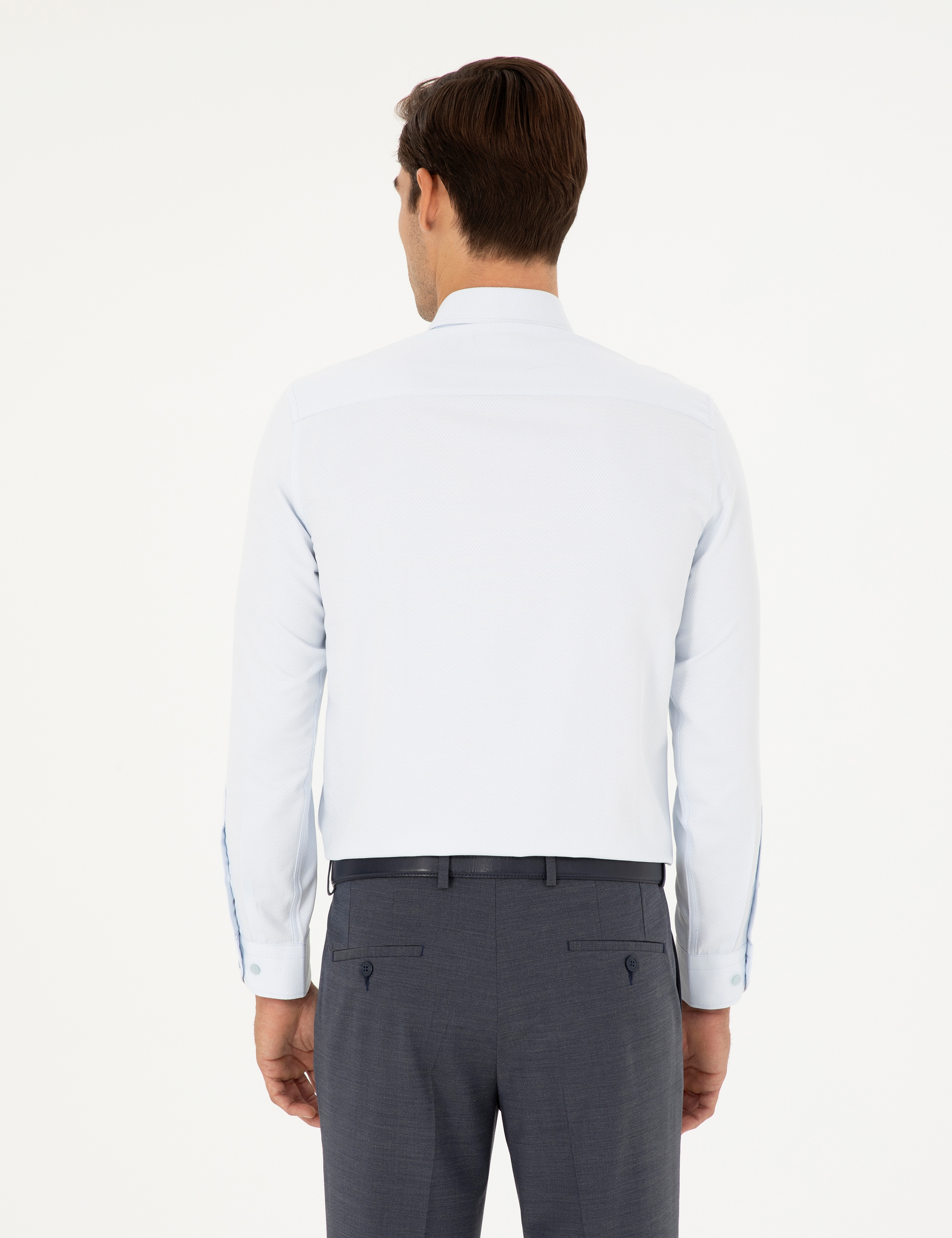 Açık Mavi Slim Fit Armürlü Uzun Kollu Gömlek - Image 5