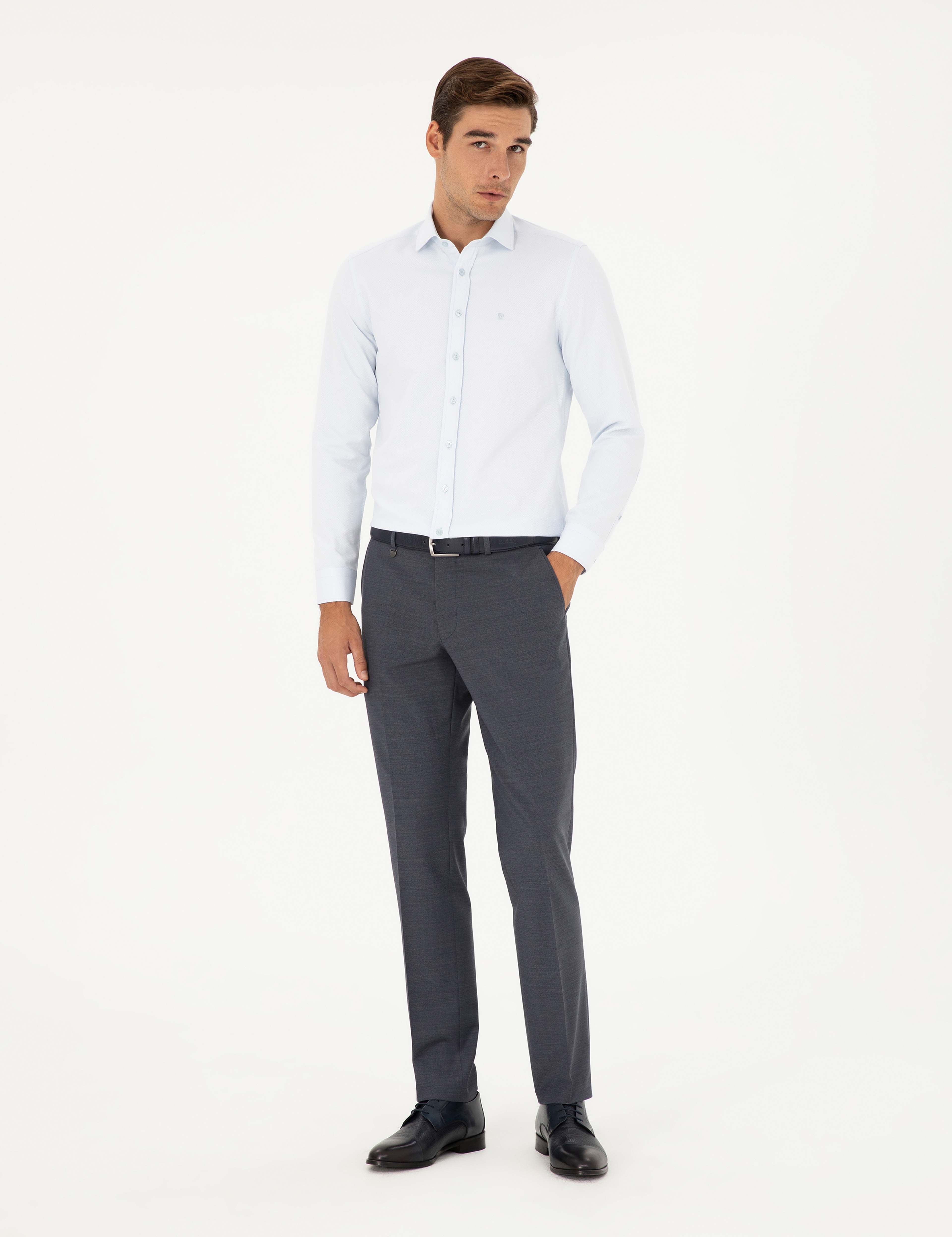 Açık Mavi Slim Fit Armürlü Uzun Kollu Gömlek - Image 4