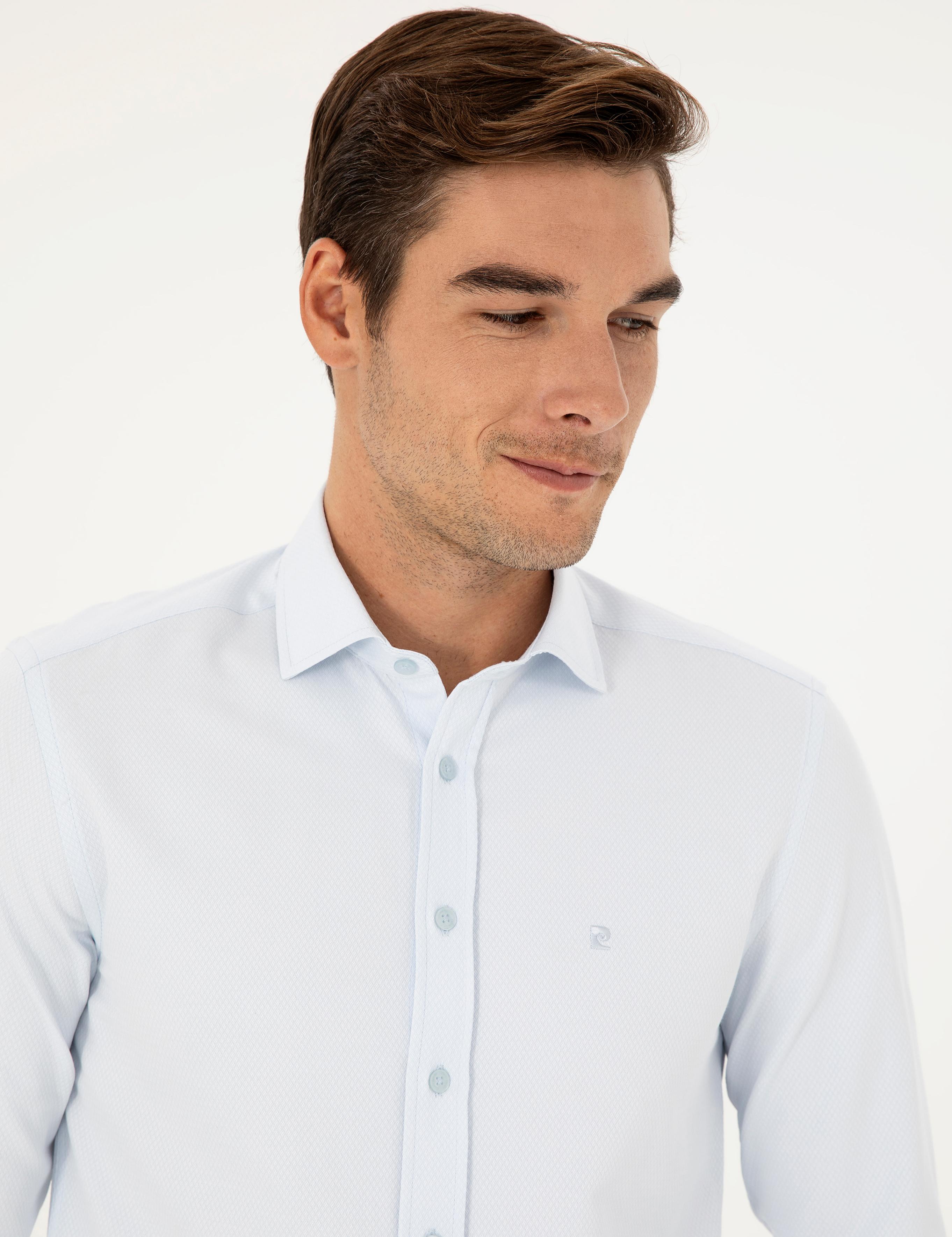 Açık Mavi Slim Fit Armürlü Uzun Kollu Gömlek