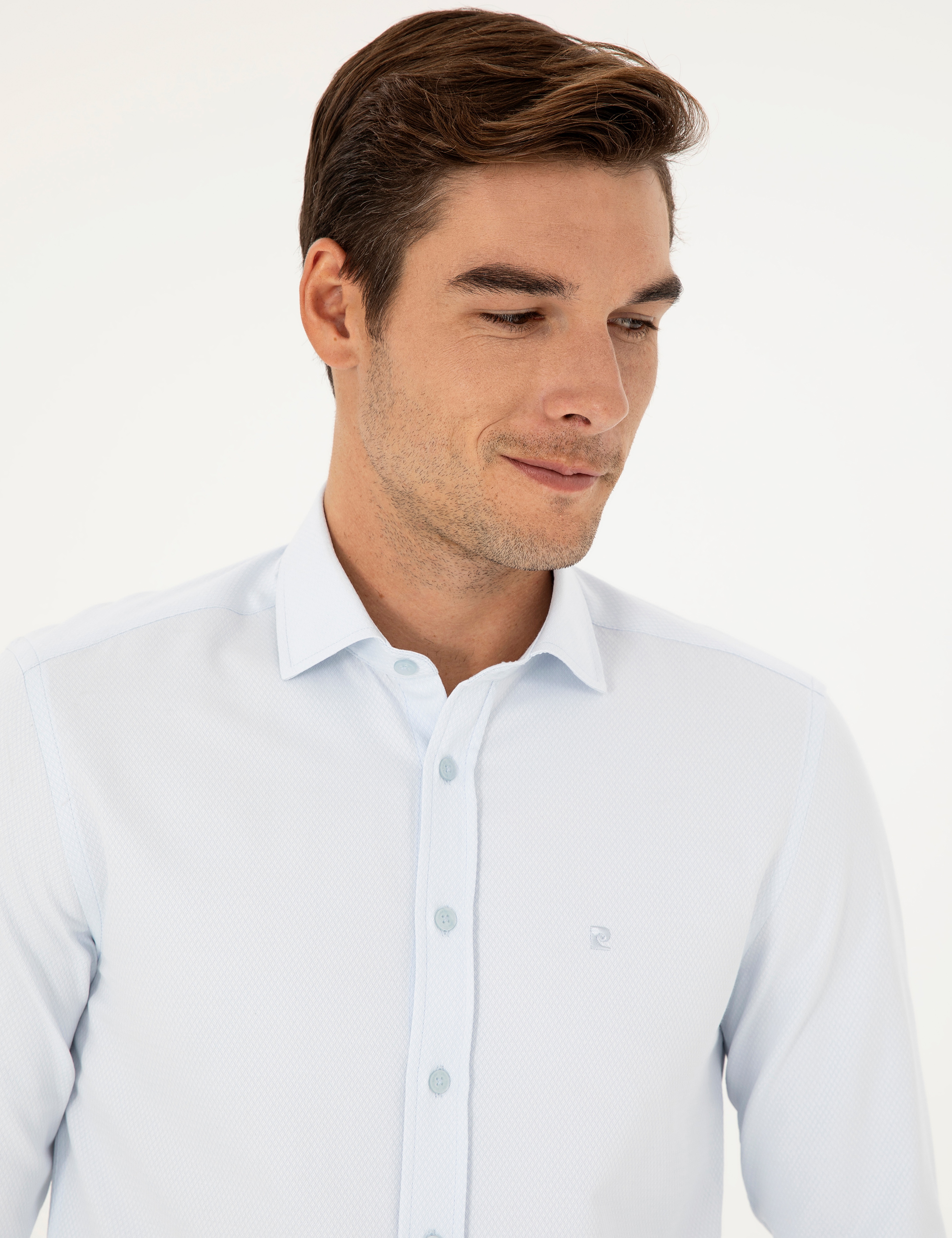 Açık Mavi Slim Fit Armürlü Uzun Kollu Gömlek - Image 2