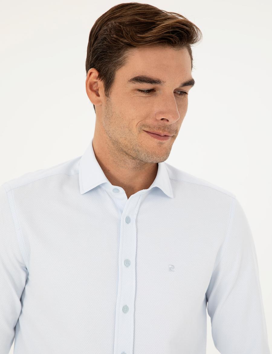 Açık Mavi Slim Fit Armürlü Uzun Kollu Gömlek