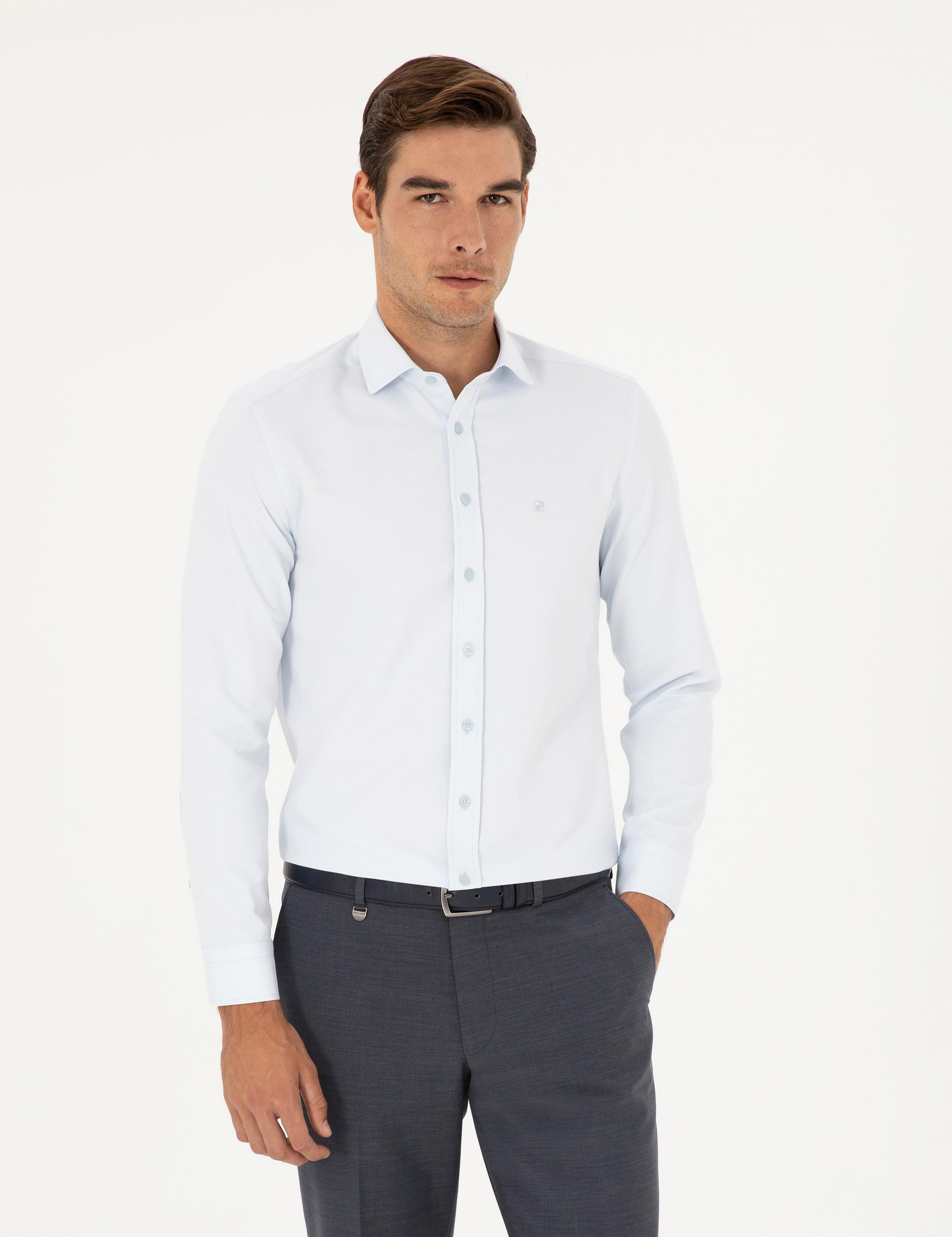 Açık Mavi Slim Fit Armürlü Uzun Kollu Gömlek