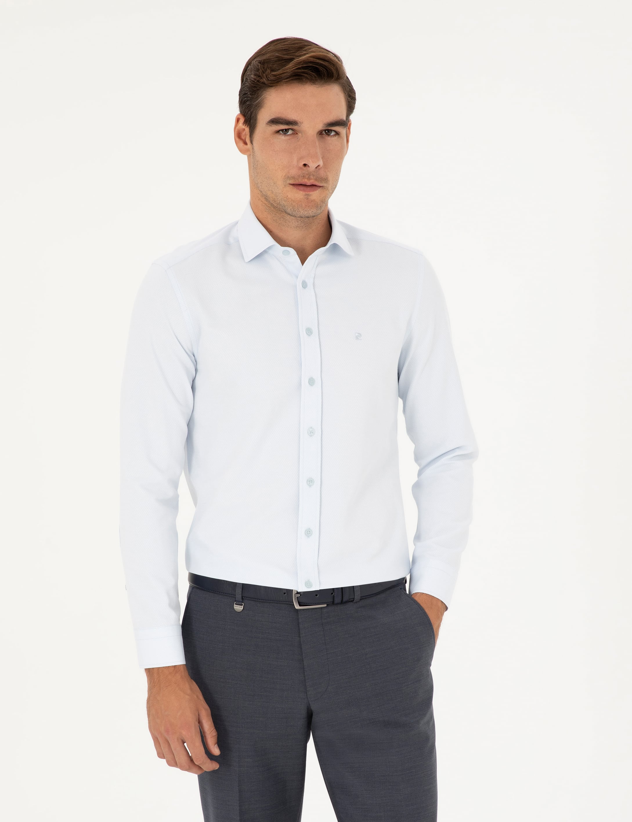 Açık Mavi Slim Fit Armürlü Uzun Kollu Gömlek