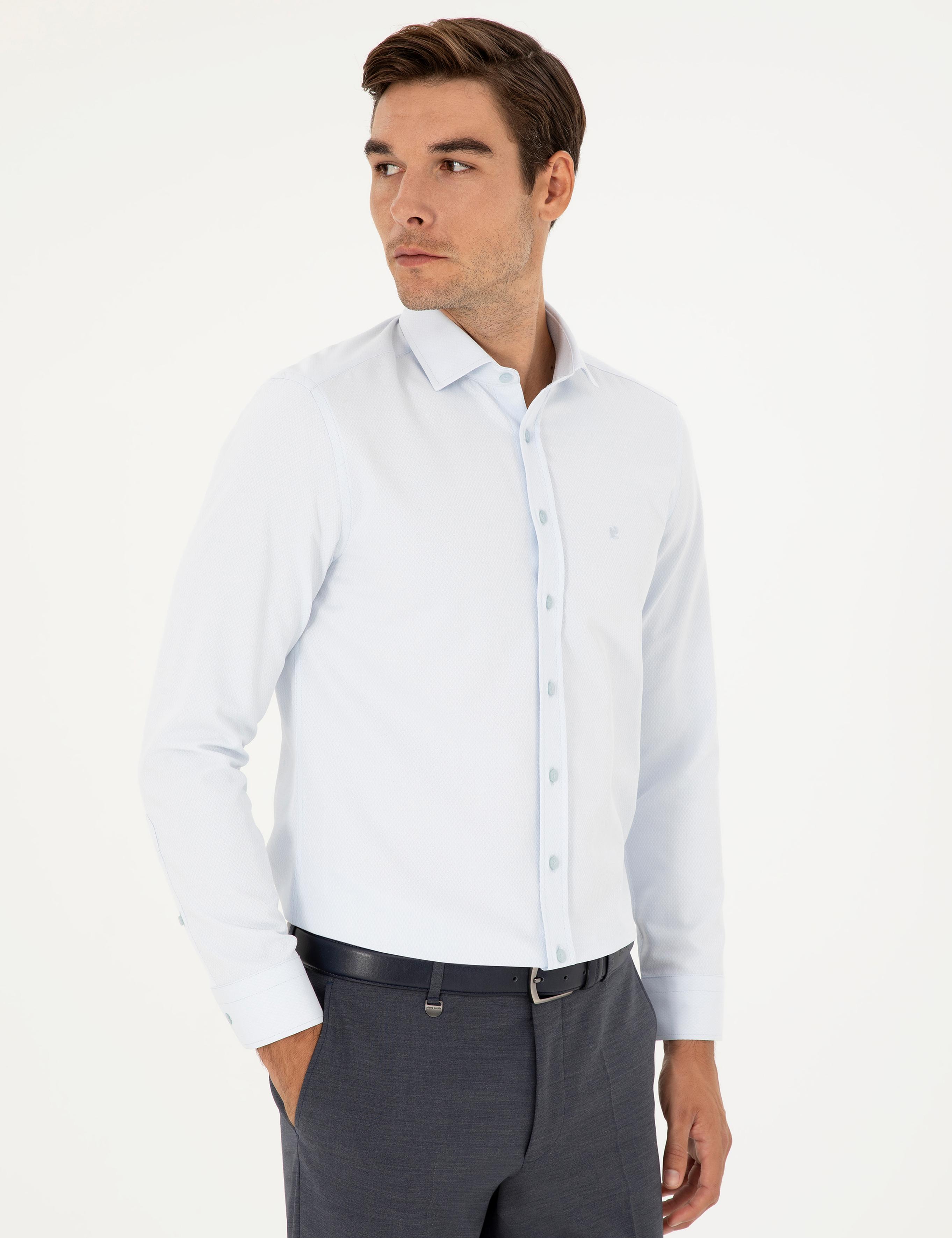 Açık Mavi Slim Fit Armürlü Uzun Kollu Gömlek