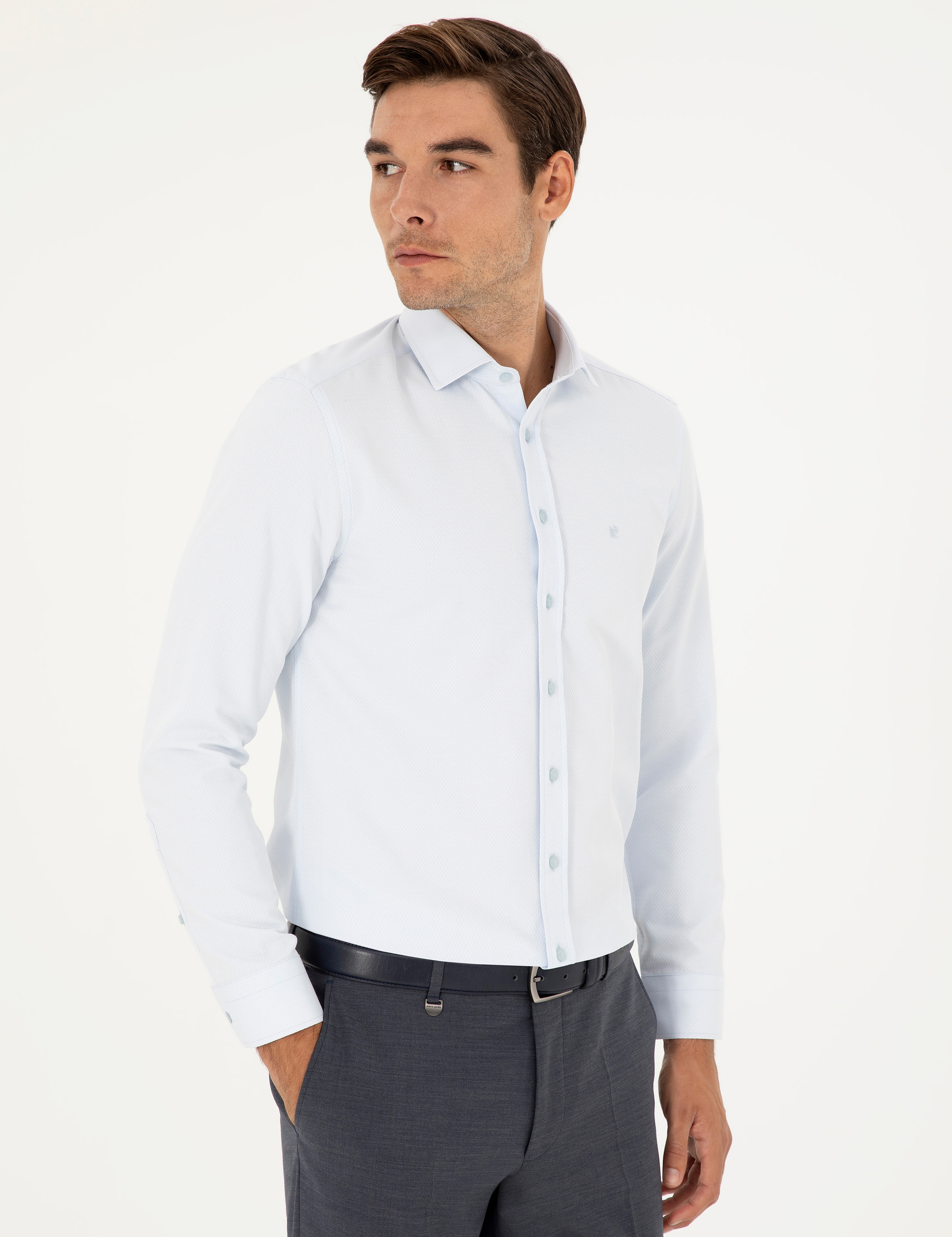 Açık Mavi Slim Fit Armürlü Uzun Kollu Gömlek - Image 3
