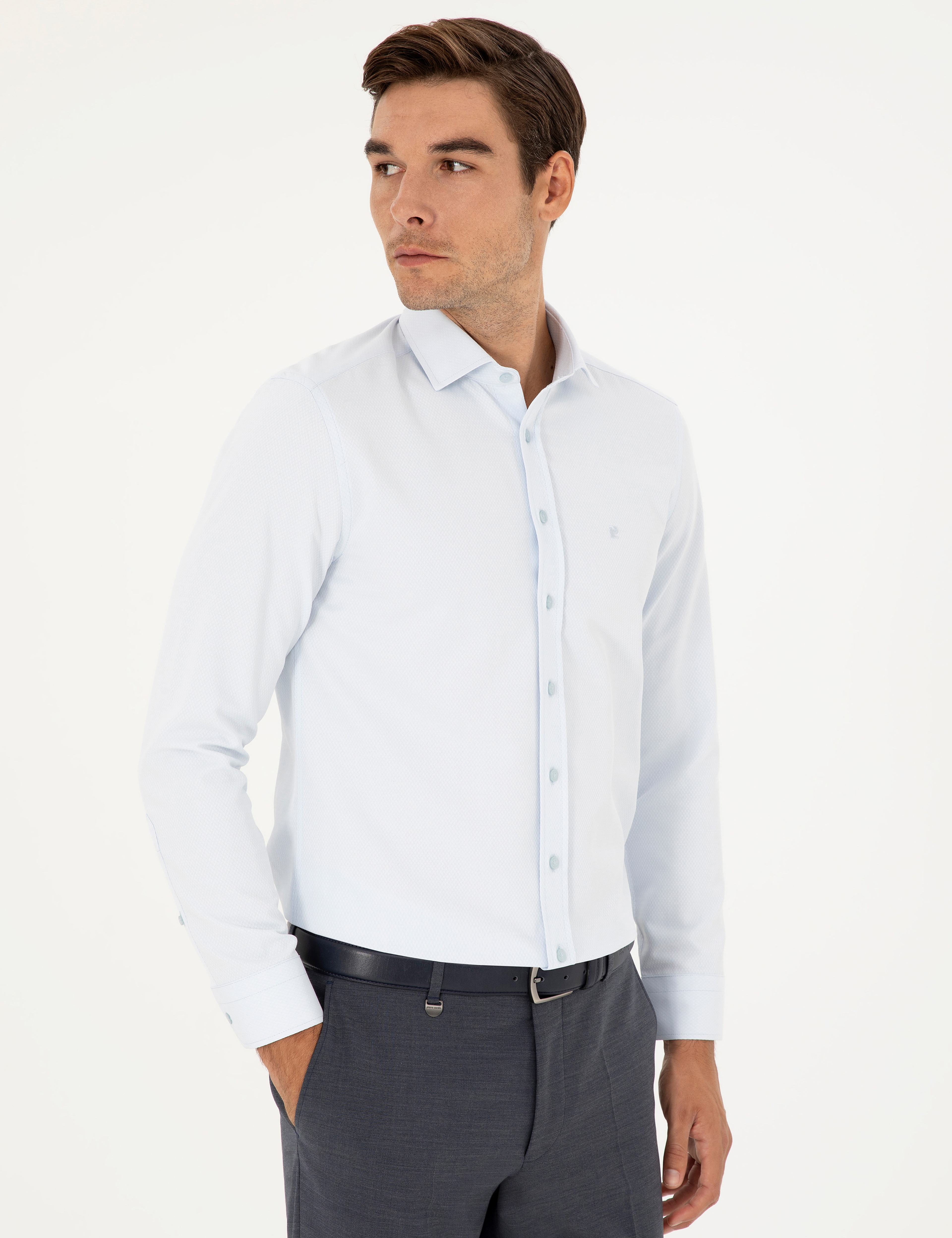 Açık Mavi Slim Fit Armürlü Uzun Kollu Gömlek