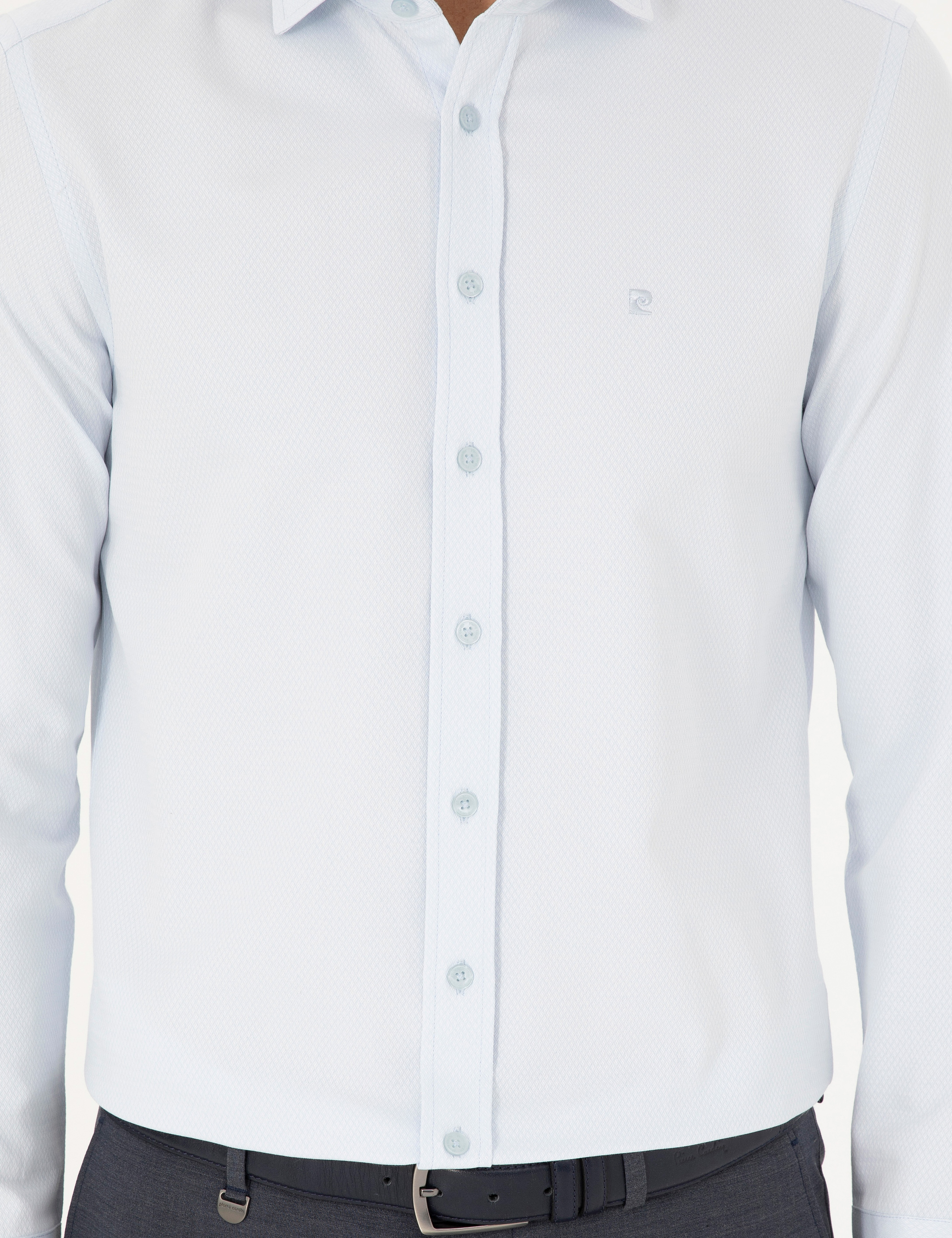 Açık Mavi Slim Fit Armürlü Uzun Kollu Gömlek - Image 6