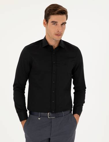 Siyah Slim Fit Armürlü Uzun Kollu Gömlek
