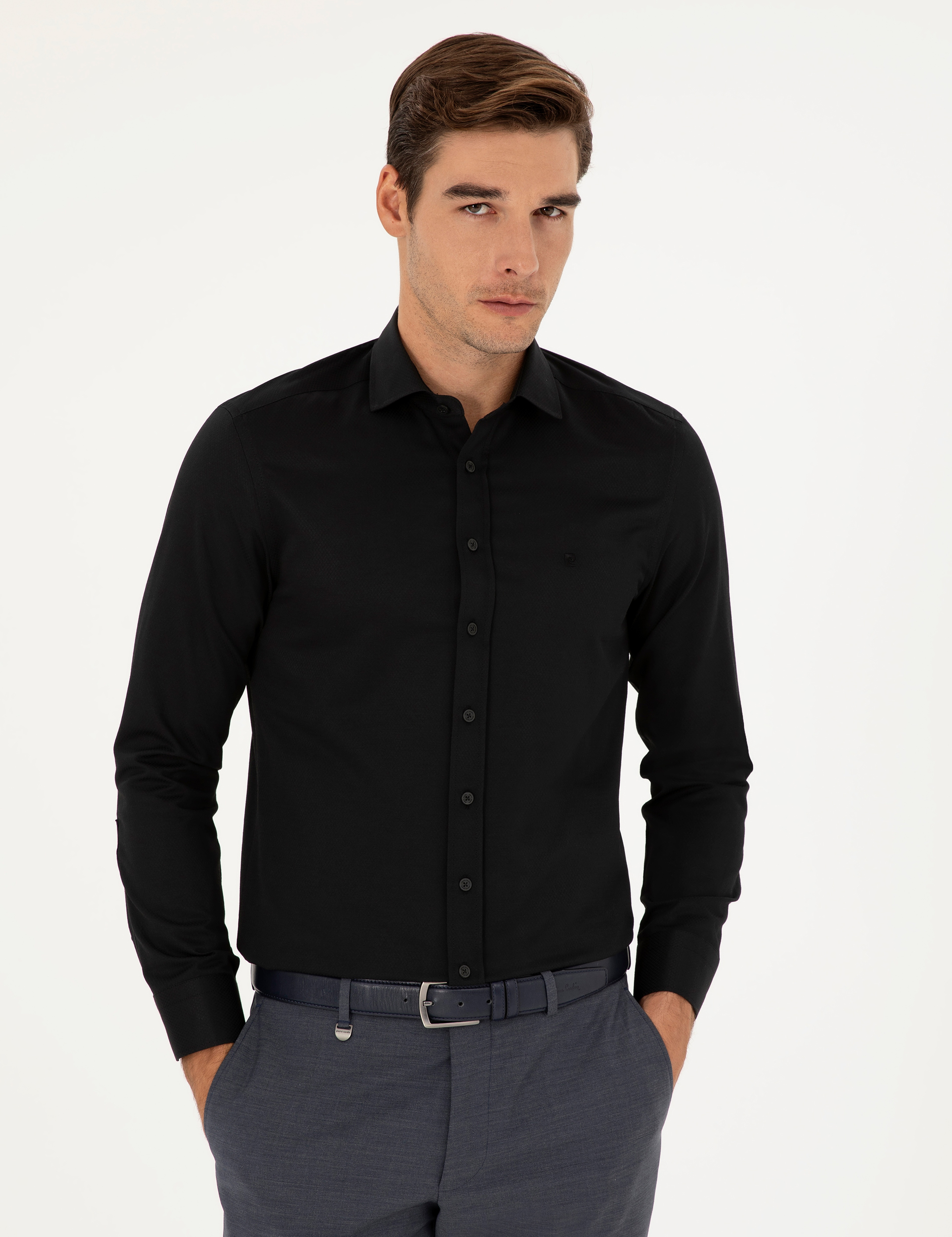 Siyah Slim Fit Armürlü Uzun Kollu Gömlek - Image 3