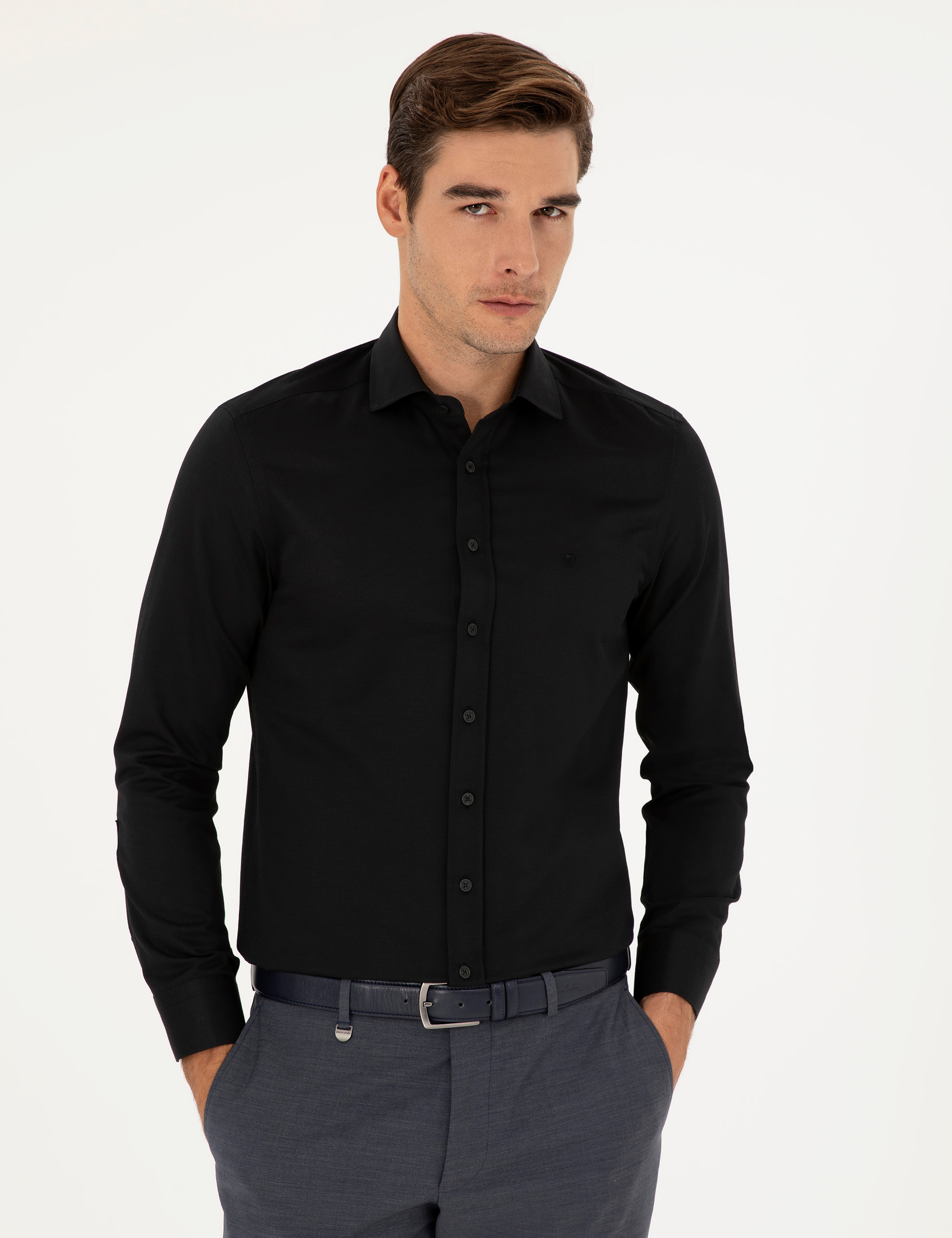 Siyah Slim Fit Armürlü Uzun Kollu Gömlek