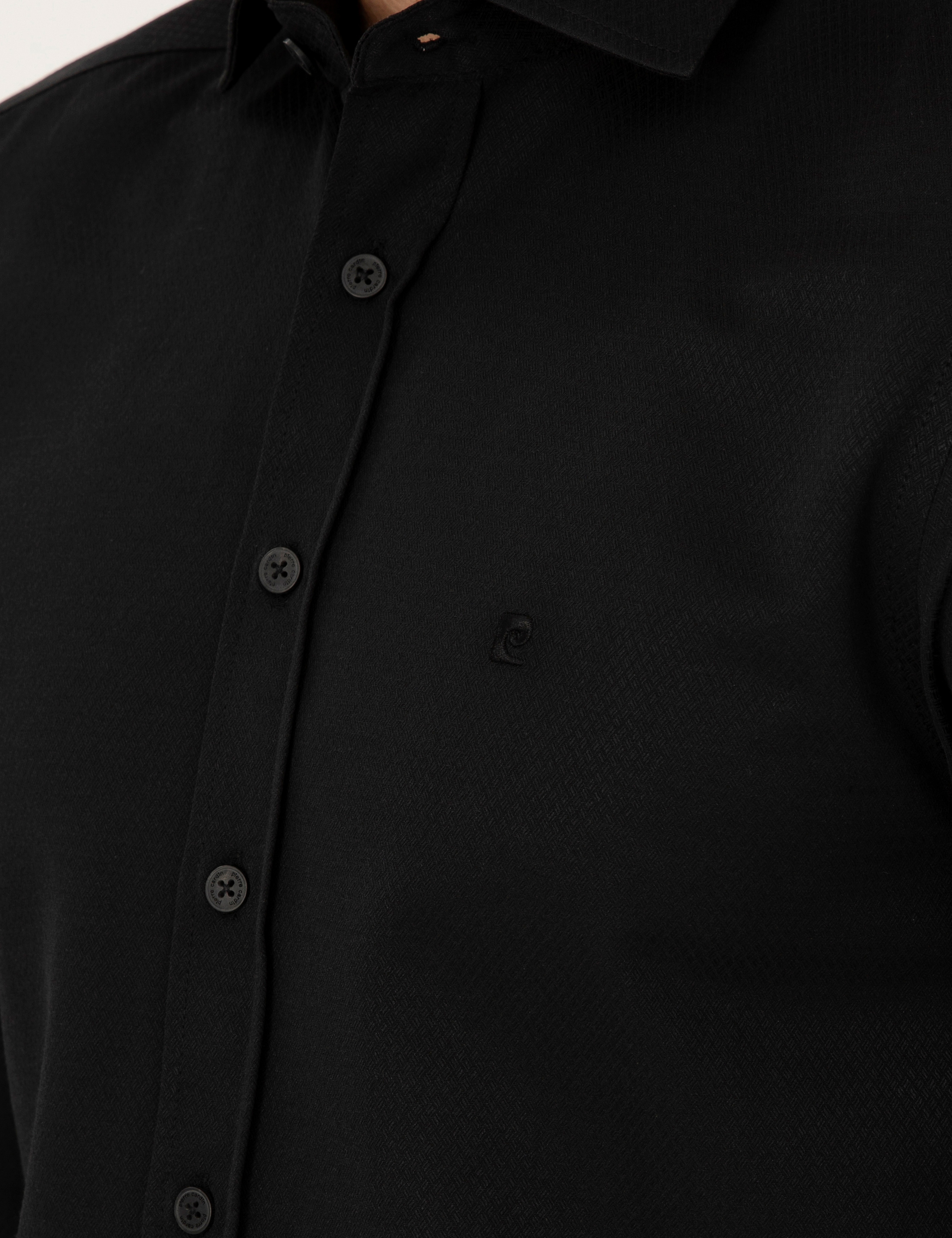 Siyah Slim Fit Armürlü Uzun Kollu Gömlek