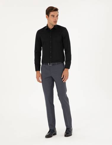 Siyah Slim Fit Armürlü Uzun Kollu Gömlek