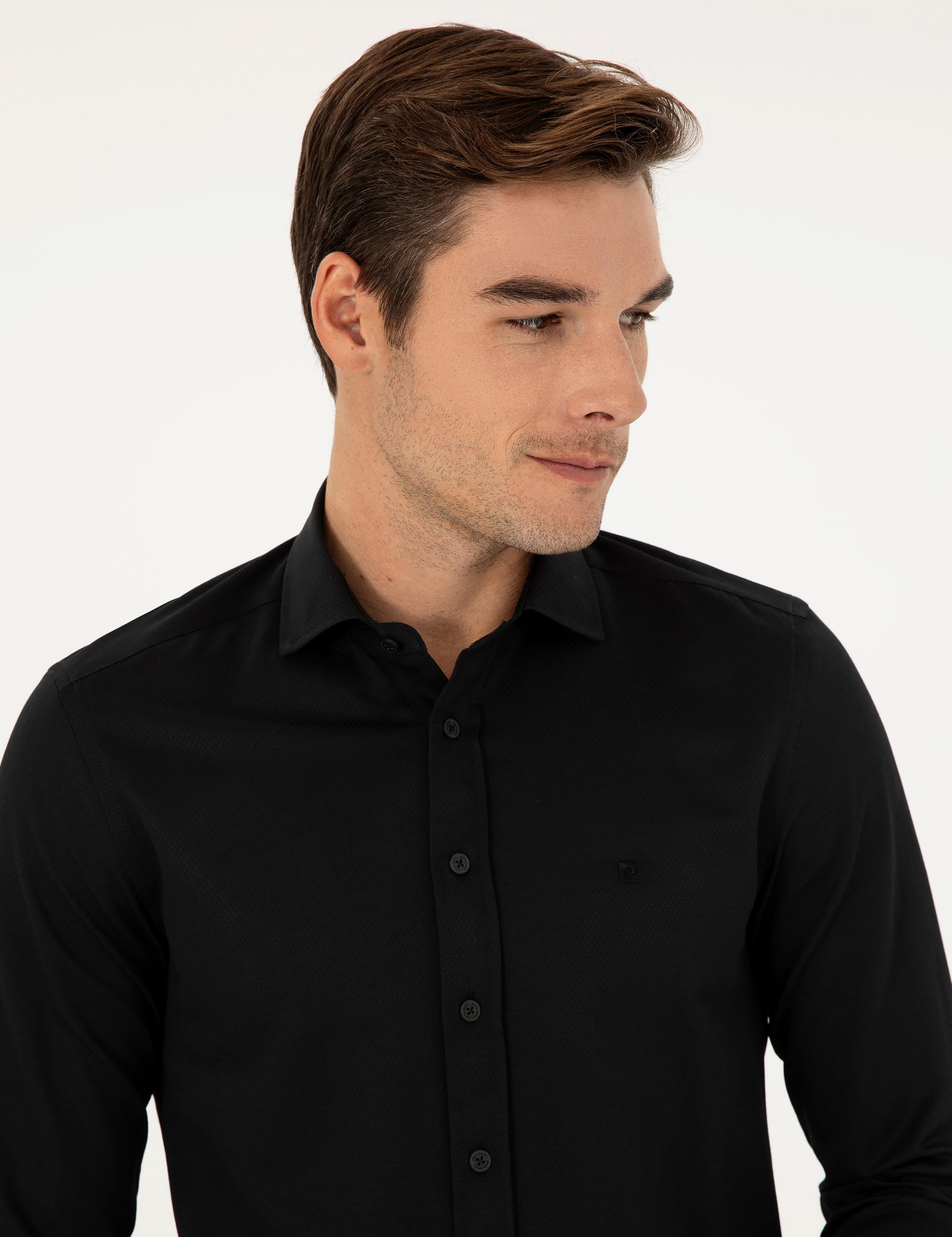 Siyah Slim Fit Armürlü Uzun Kollu Gömlek