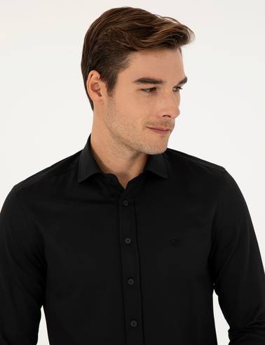 Siyah Slim Fit Armürlü Uzun Kollu Gömlek