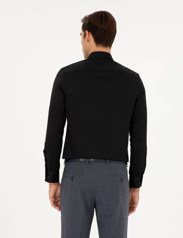Siyah Slim Fit Armürlü Uzun Kollu Gömlek
