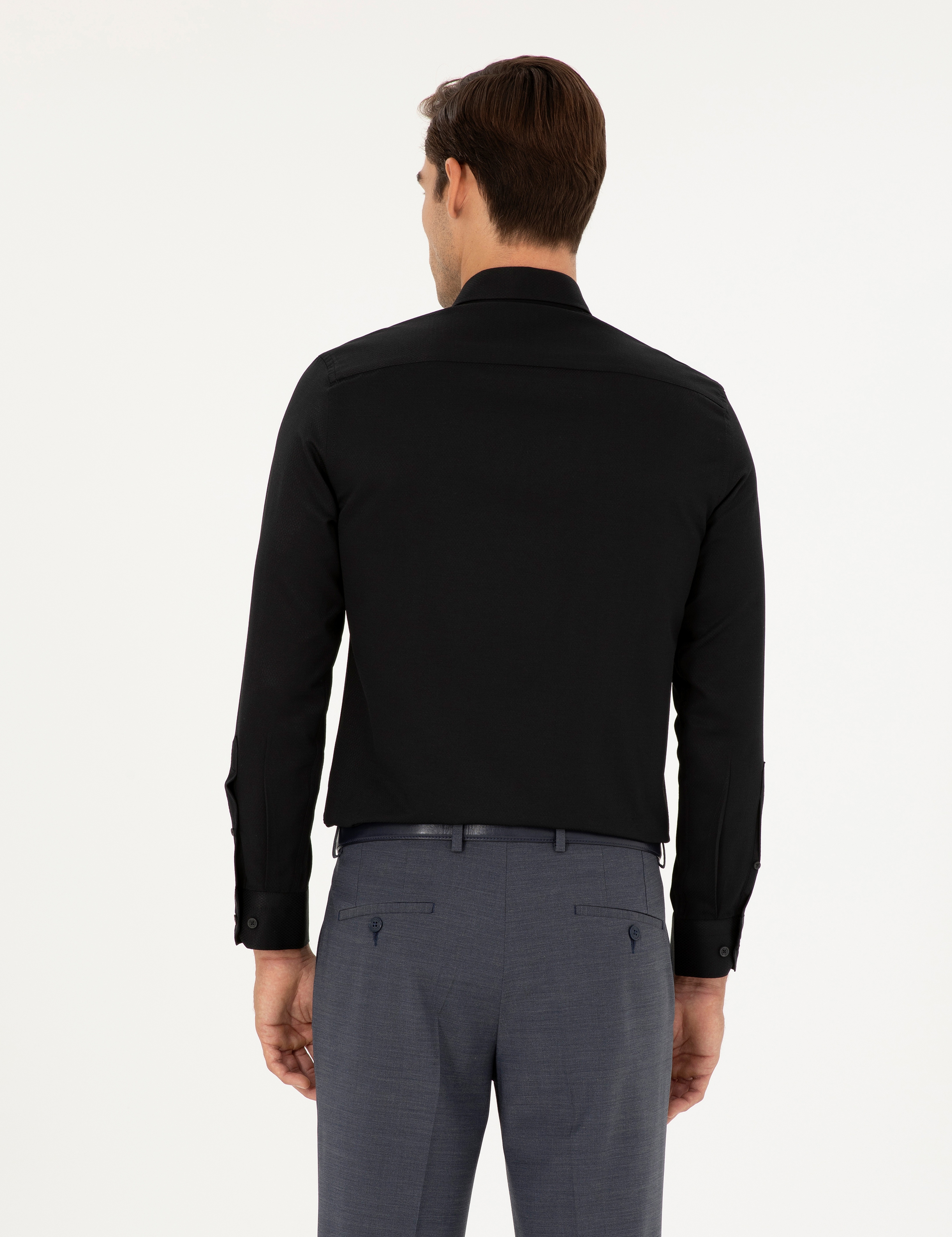 Siyah Slim Fit Armürlü Uzun Kollu Gömlek - Image 5