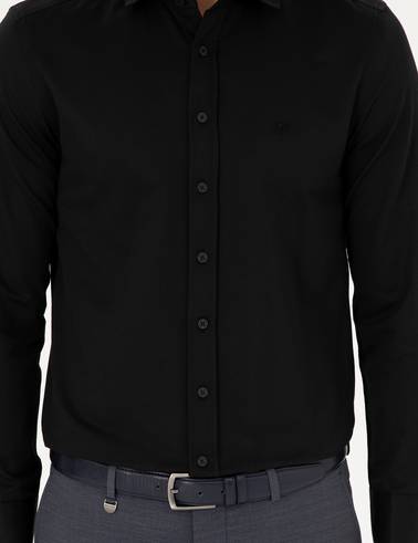 Siyah Slim Fit Armürlü Uzun Kollu Gömlek