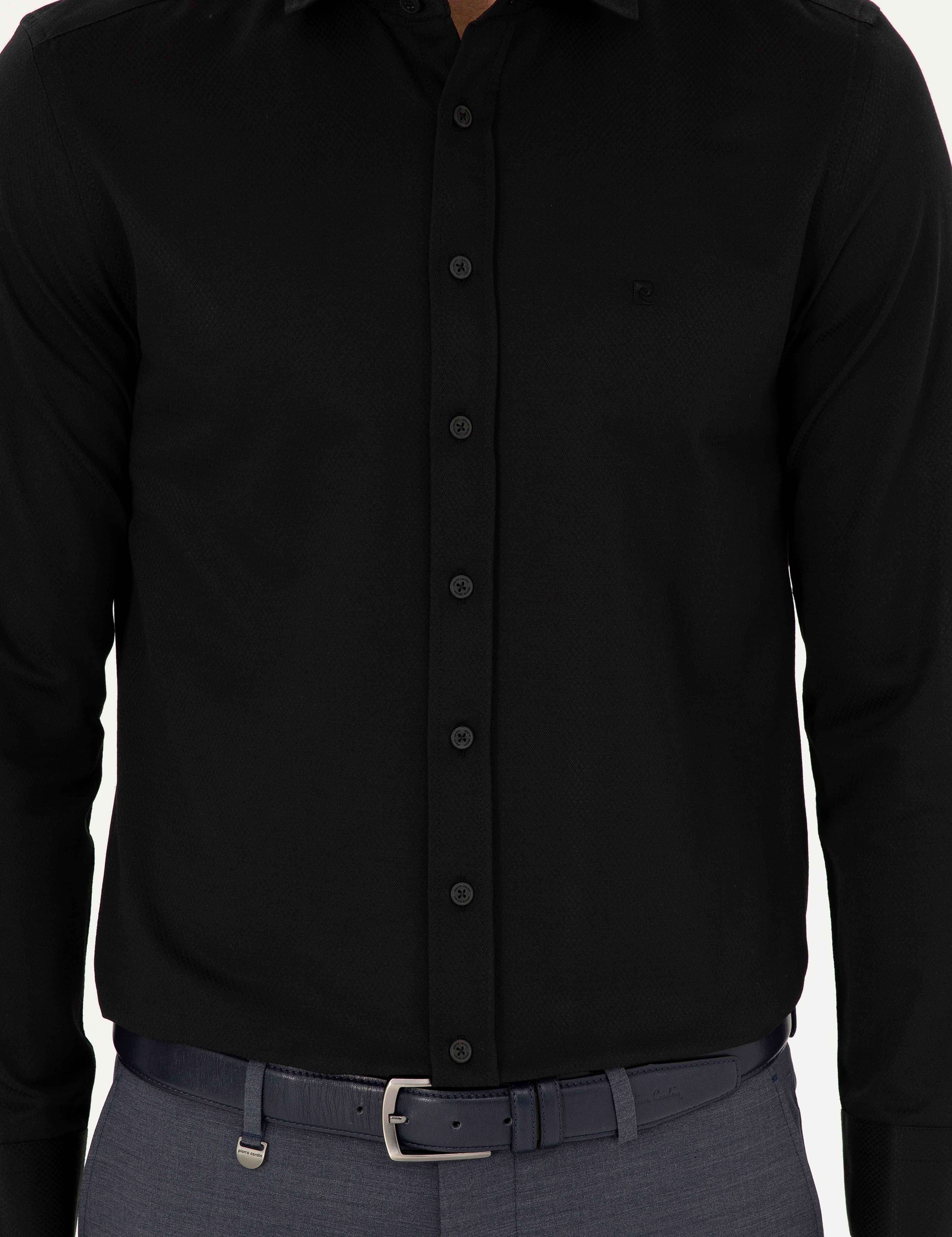 Siyah Slim Fit Armürlü Uzun Kollu Gömlek - Image 6