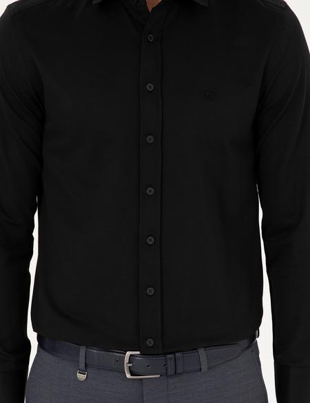 Siyah Slim Fit Armürlü Uzun Kollu Gömlek - 50289415028