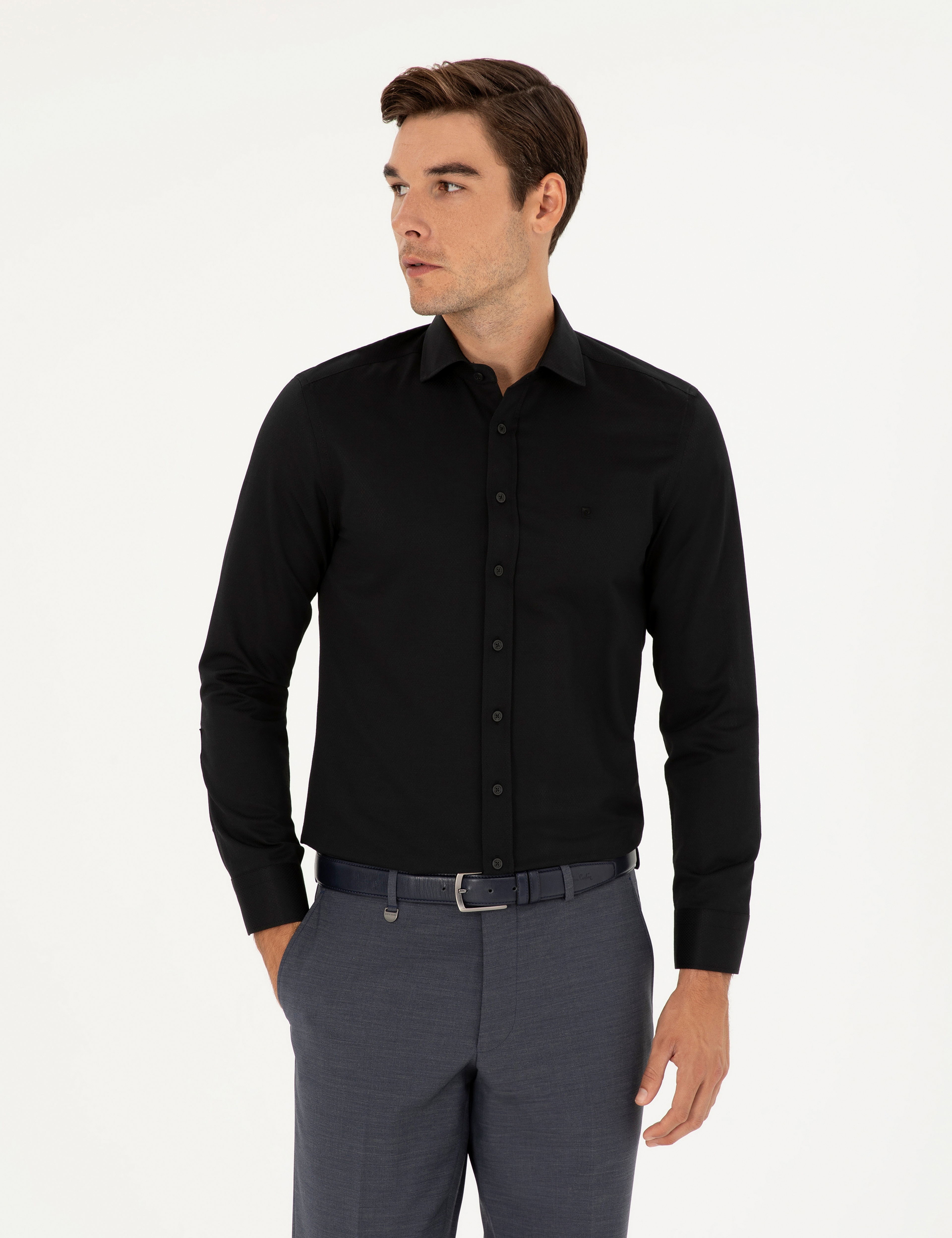 Siyah Slim Fit Armürlü Uzun Kollu Gömlek
