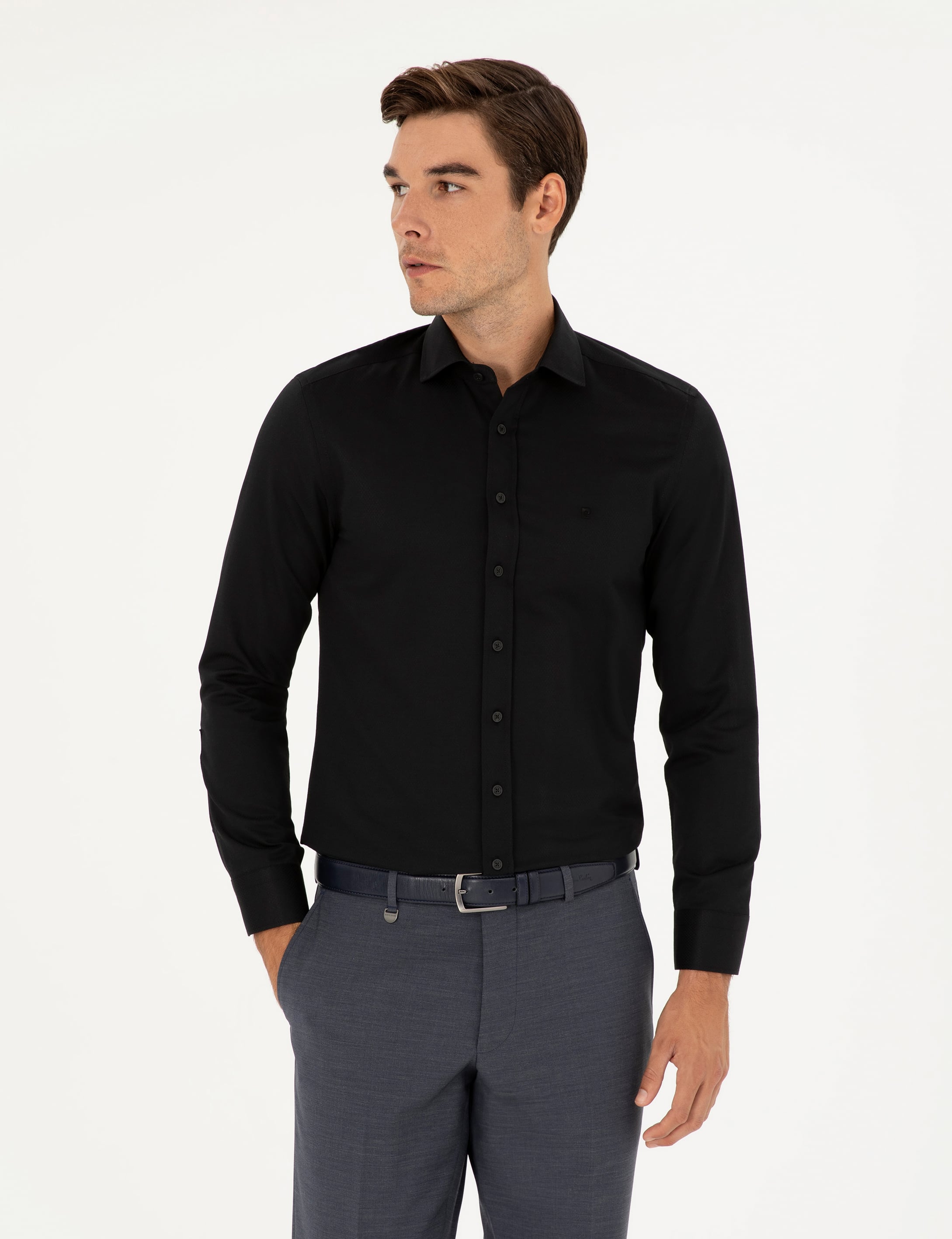 Siyah Slim Fit Armürlü Uzun Kollu Gömlek