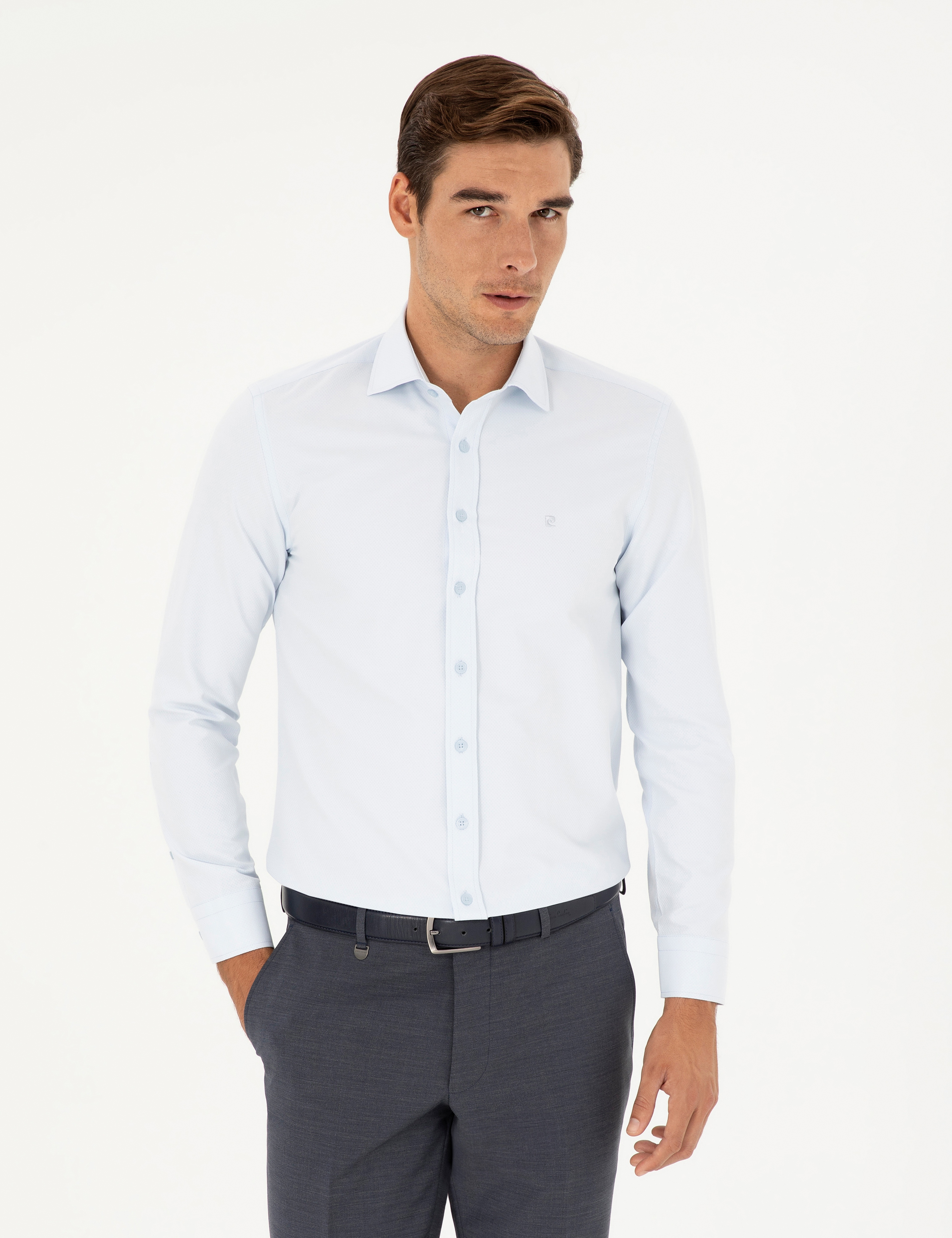Açık Mavi Slim Fit Armürlü Uzun Kollu Gömlek - Image 1