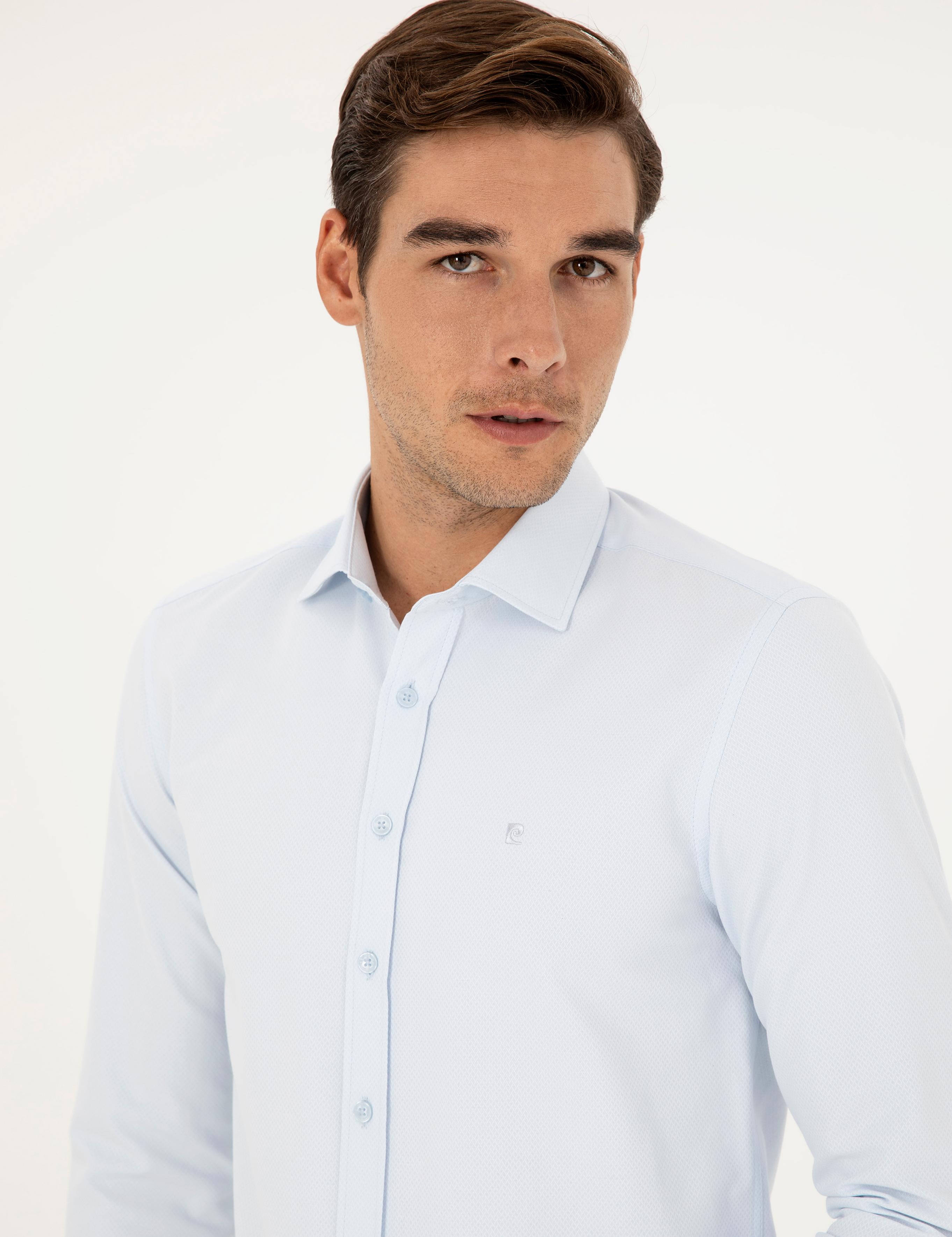 Açık Mavi Slim Fit Armürlü Uzun Kollu Gömlek