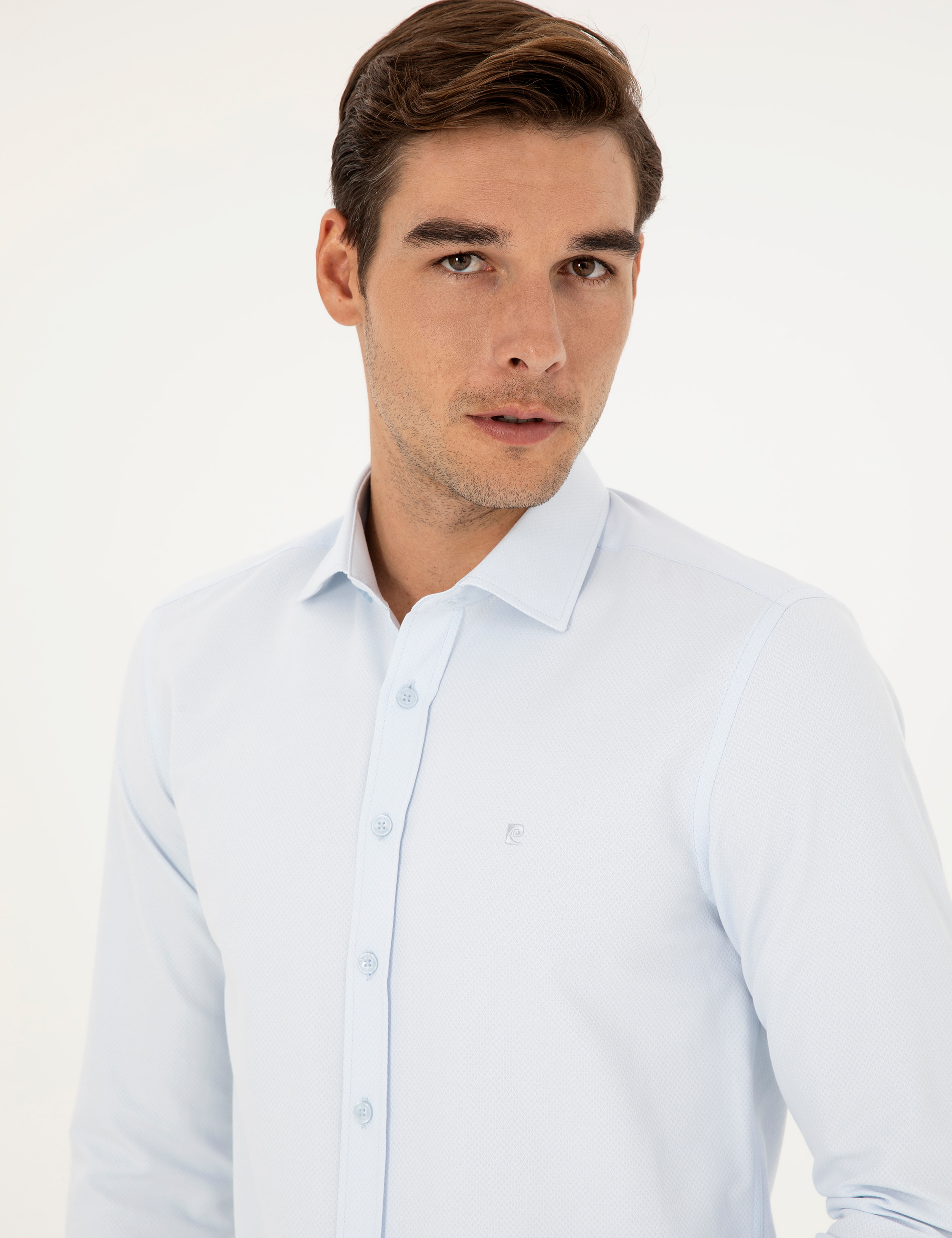 Açık Mavi Slim Fit Armürlü Uzun Kollu Gömlek - Image 2