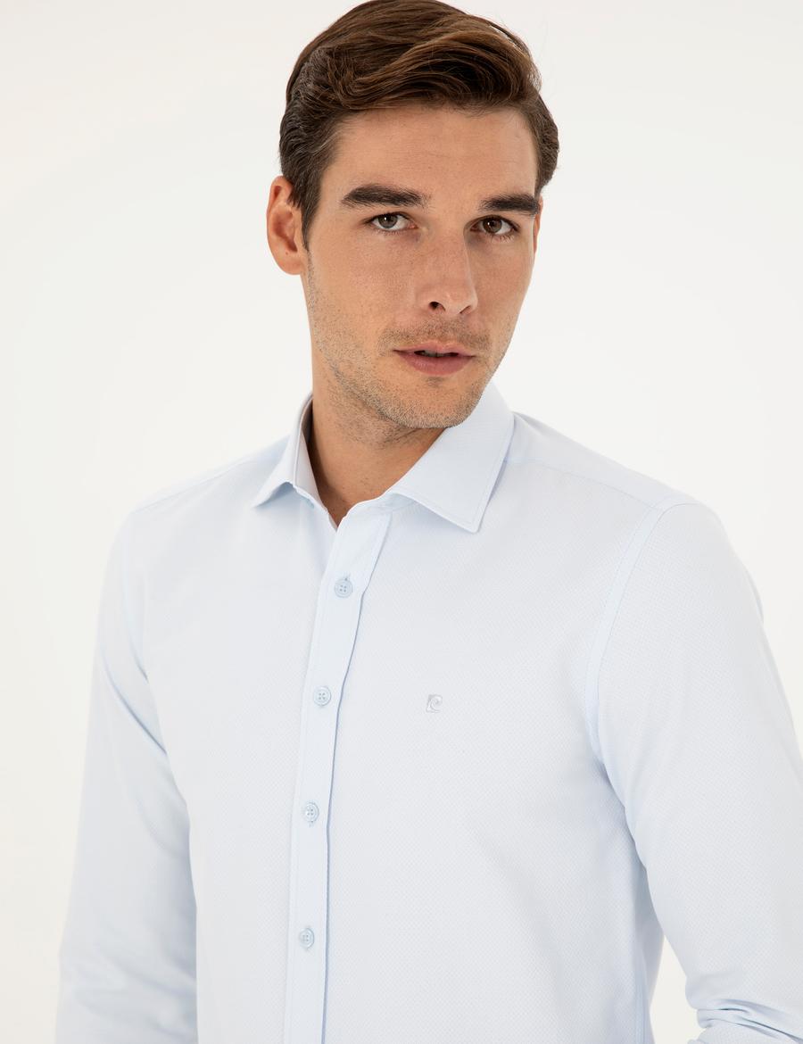 Açık Mavi Slim Fit Armürlü Uzun Kollu Gömlek